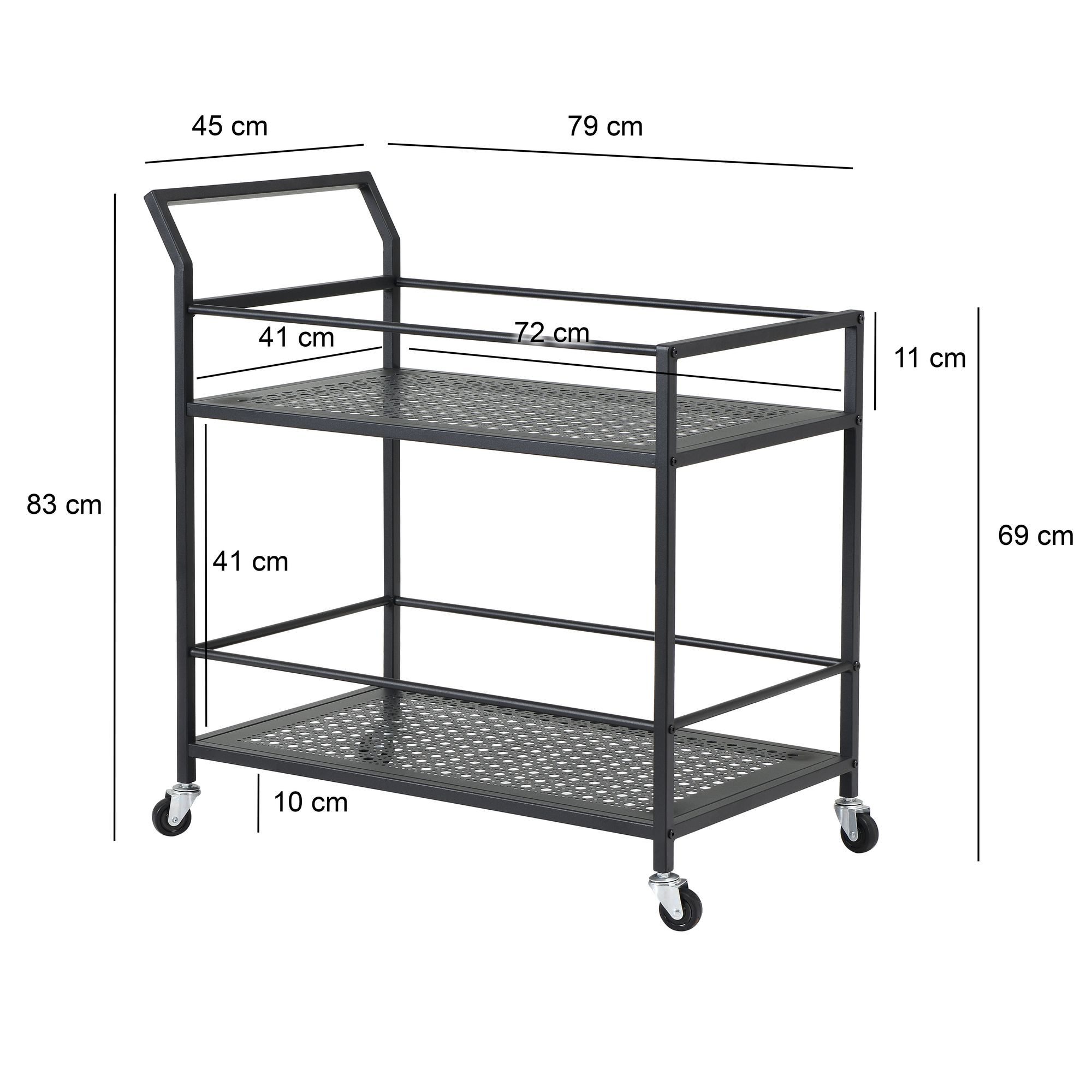 FINEBUY Servierwagen Metall 2 Ebenen mit Rollen Küchenwagen Barwagen Rollwagen FB72716, (79x45x83 cm Küchenwagen 2 Ebenen Metall Rechteckig), Speisewagen Küche Schwarz, Teewagen auf Rollen