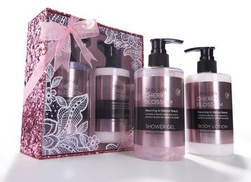 BRUBAKER Hautreinigungs-Set Frauen Bade- und Dusch Set, 2-tlg., kleines Geschenkset in Glitzer Geschenkbox, Damen Pflegeset mit Kirschblüten Duft, Badeset Beauty