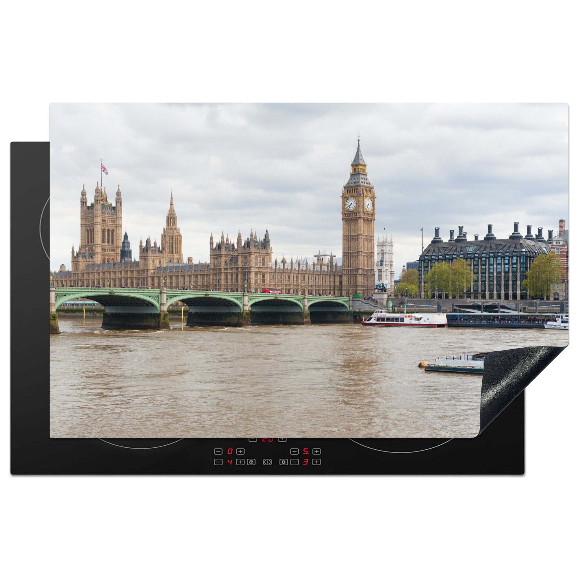 MuchoWow Herdblende-/Abdeckplatte Big Ben und Westminster Bridge von der Themse aus, Vinyl, (1 tlg), 81x52 cm, Induktionskochfeld Schutz für die küche, Ceranfeldabdeckung