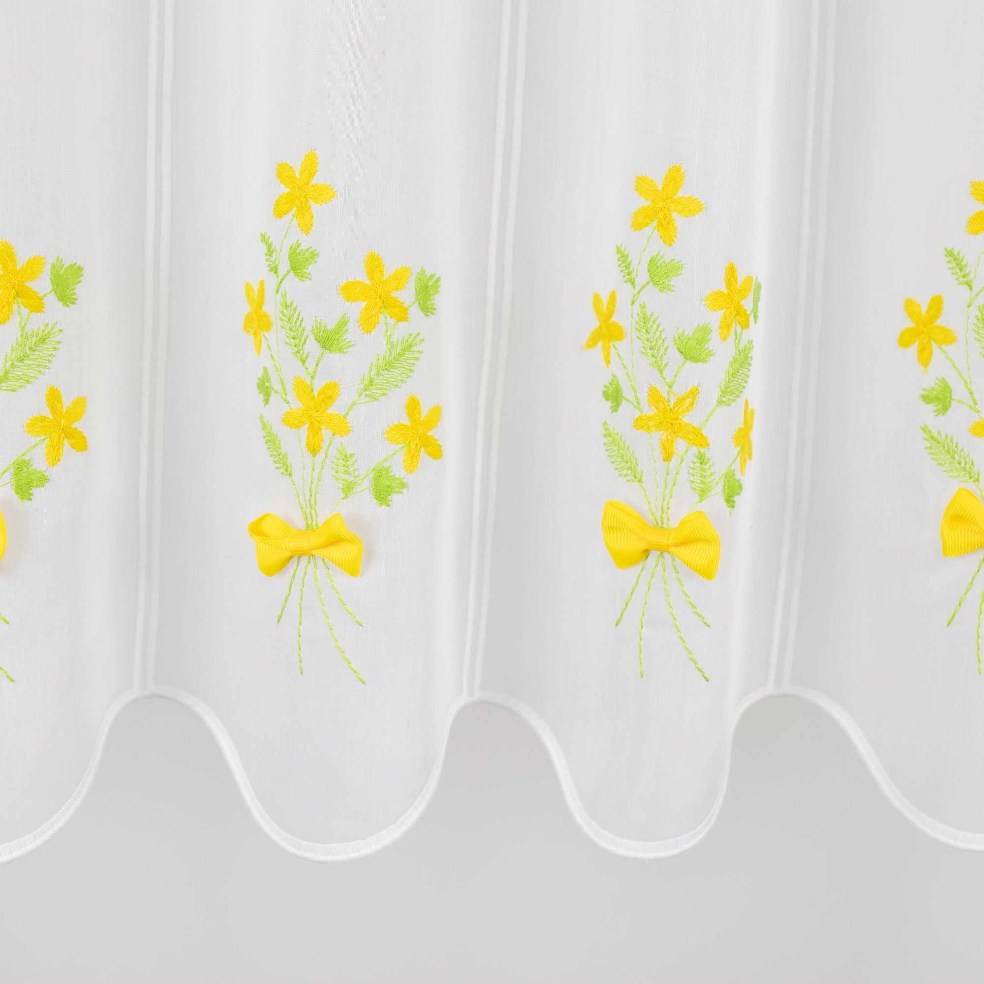 EXPERIENCE Scheibengardine Scheibengardine Kurzgardine Küchengardine Bistrogardine Fay Weiß Batist Blumen Schleife Grün Gelb 45x155 cm (1 St), Durchzuglöcher, halbtransparent, Applikation