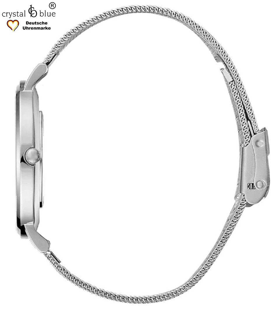 crystal blue Quarzuhr Damenuhr silber 62 Zirkonia Kristalle Mesharmband mit Clip Schließe, kostenlose Lieferung