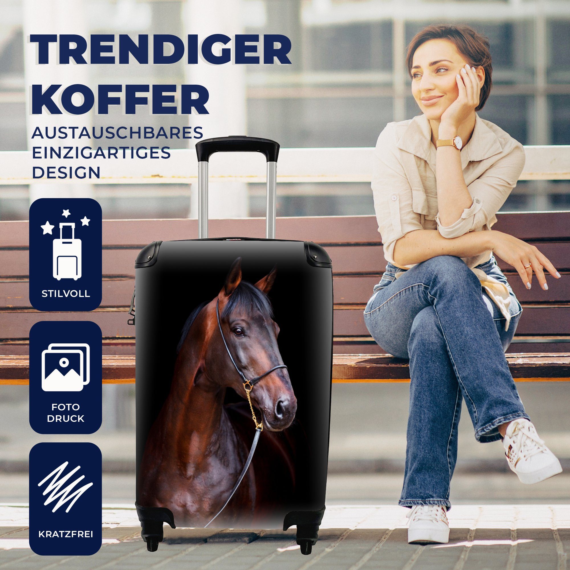 Ferien, Porträt, Braun - Reisekoffer mit Rollen, Schwarz Reisetasche MuchoWow Pferd - Handgepäckkoffer für Trolley, - 4 rollen, Handgepäck