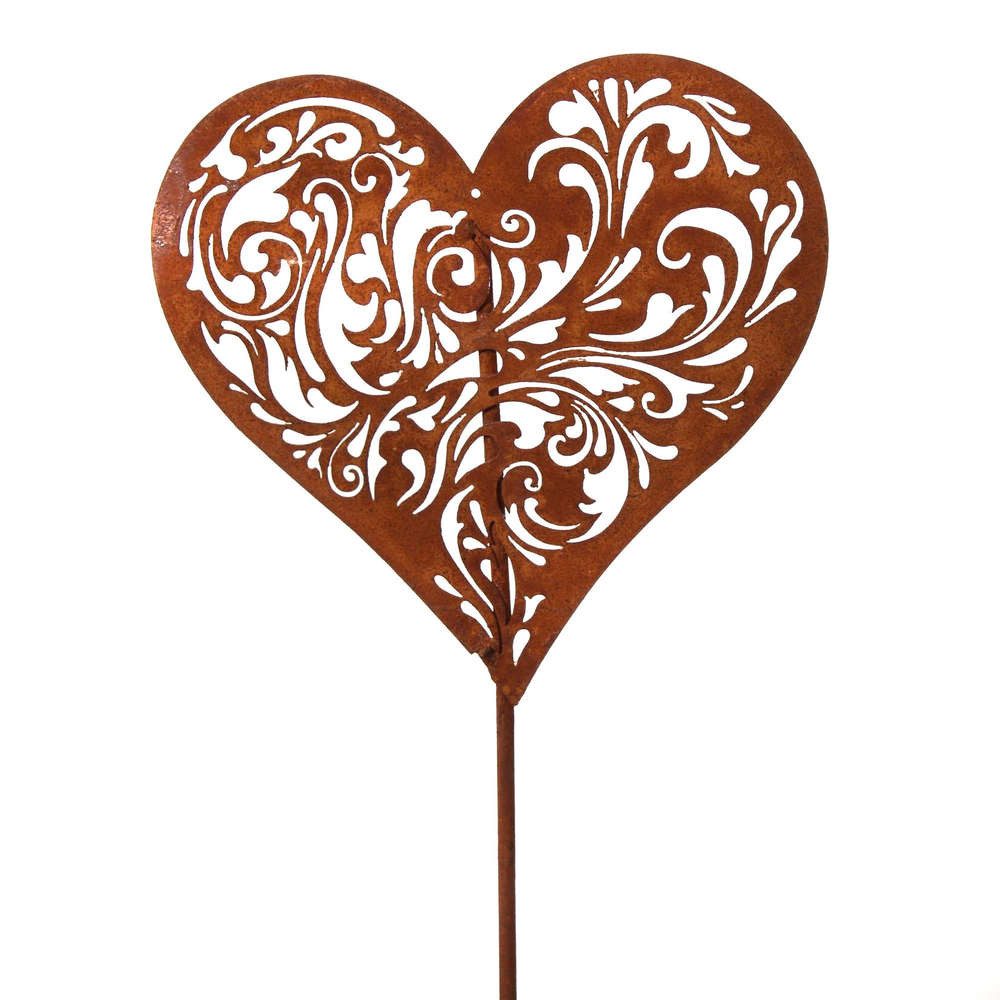 Dragimex Gartenstecker Metall Stecker. HERZ Rankenornament. Rost Blumenstecker. 38 cm.