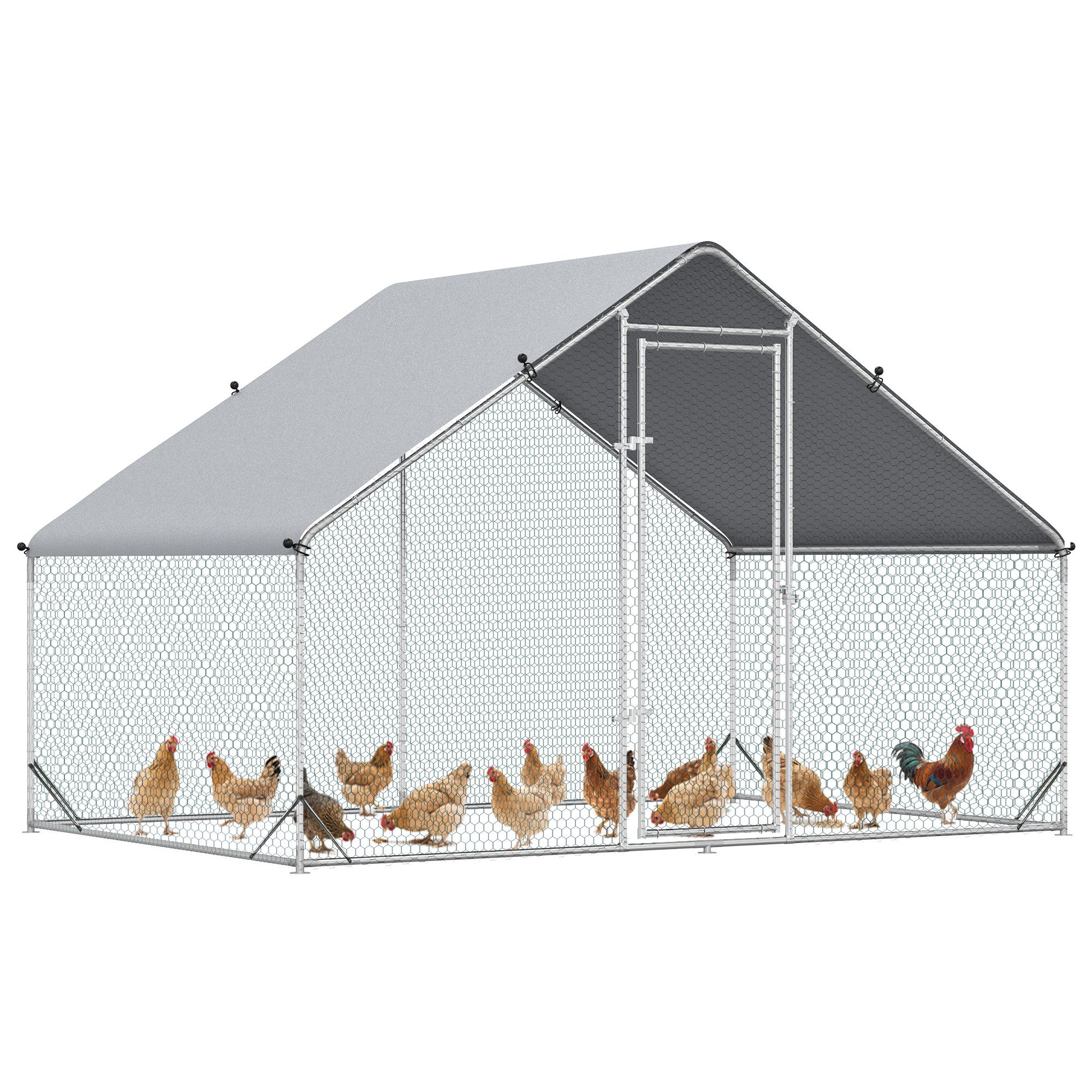 PawHut Hühnerstall aus Stahl, 300 x 200 x 200 cm, mit Abdeckung, Tür, für 4-6 Hühner, Kleintiere, Silber+Grau