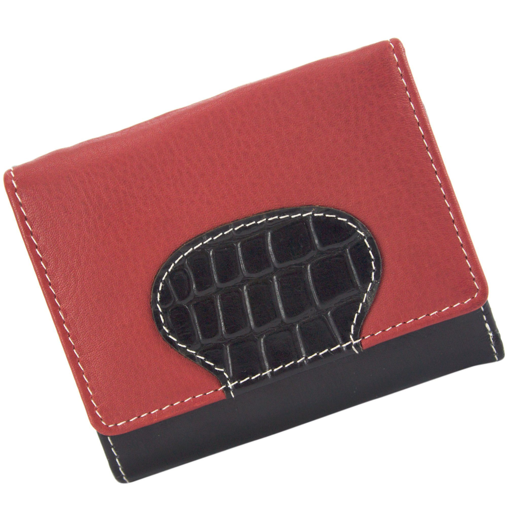Sunsa Mini Geldbörse echt Leder Geldbörse Damen Geldbeutel Portemonnaie kleine Brieftasche, echt Leder, aus recycelten Lederresten, mit RFID-Schutz, Unisex rot/schwarz