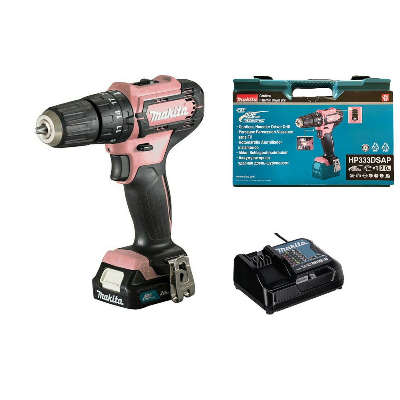Makita Akku-Bohrschrauber HP333DSAP, 12 V, max. 1700 U/min, (Komplett-Set, inkl. Akku, Ladegerät und Transportkoffer), Drehmomenteinstellung, Schlagwerk, LED