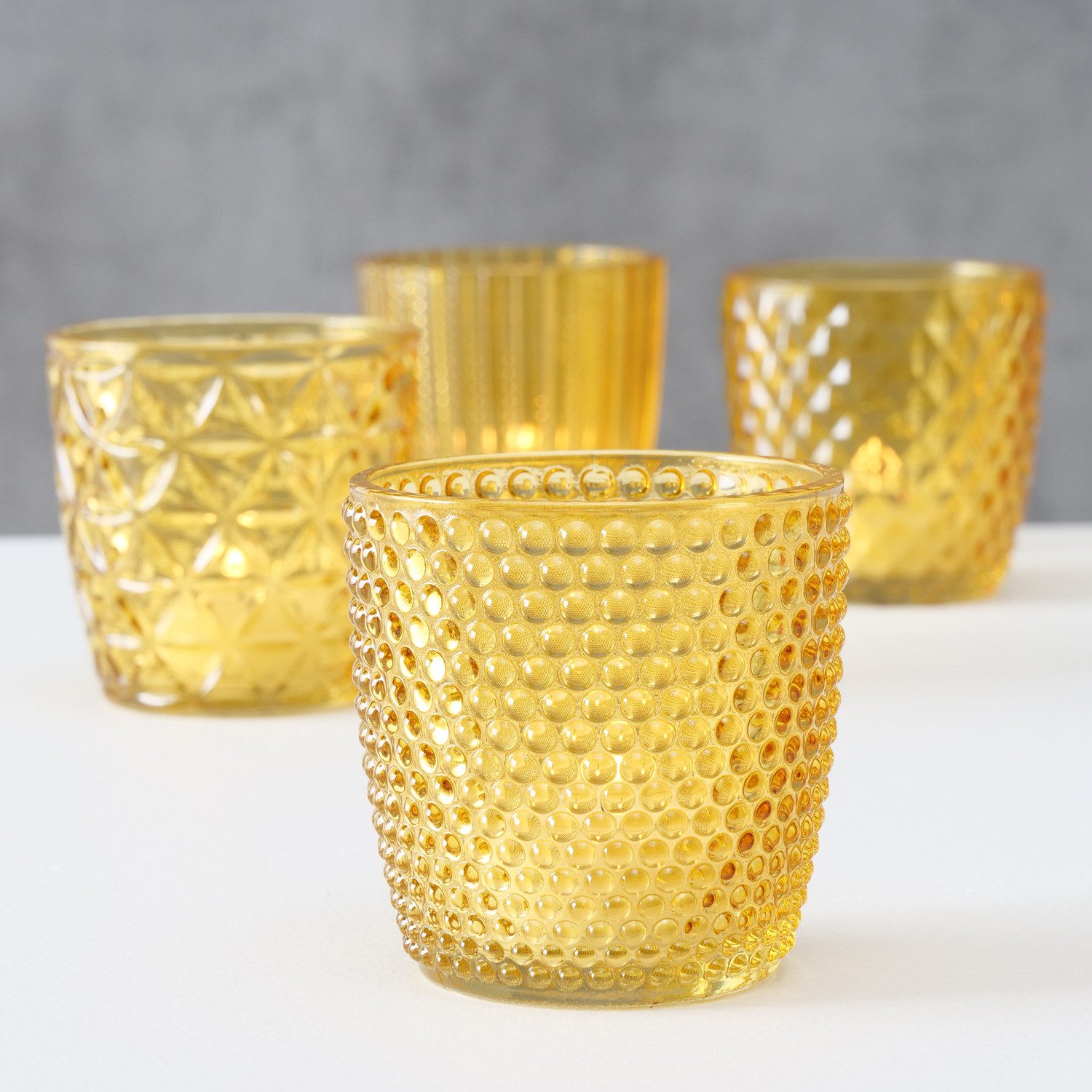 LS-LebenStil Teelichthalter 4´er Set Teelichtgläser Retro Gelb 7cm Glas Windlicht (4´er Set Kristall Ornament Windlicht für Teelichter, 4 St., Halter Kerzenständer Tischdeko Kerzenhalter Gläser für Teelichter), 7x7cm, 4´er Set Kristall Ornament Windlicht für Teelichter
