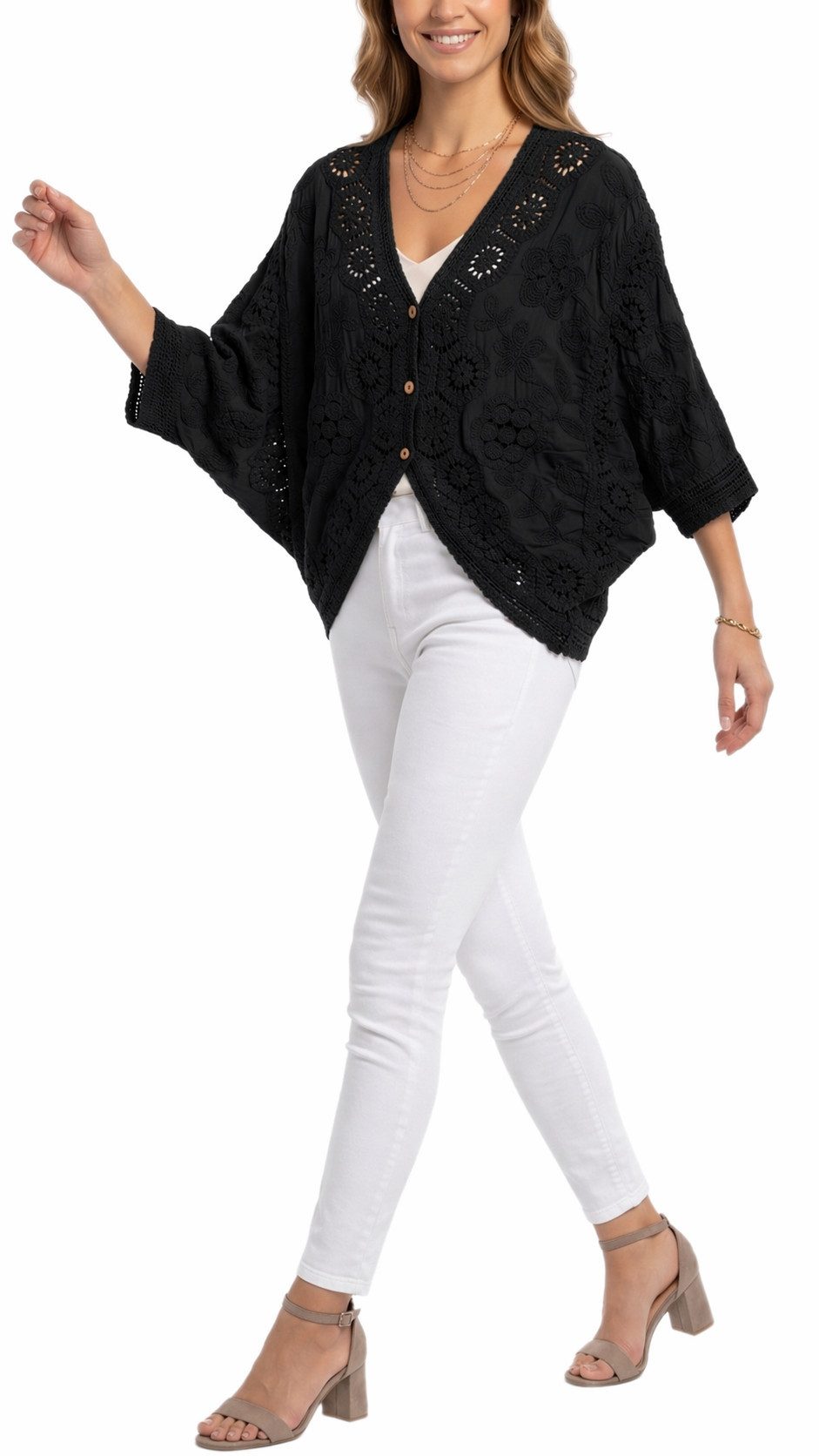 dy_mode Cardigan Damen Häkel Cardigan Kurze Sommerjacke Häkeloberteil Sommerjacke in Unifarben, mit Fledermaus-Ärmeln