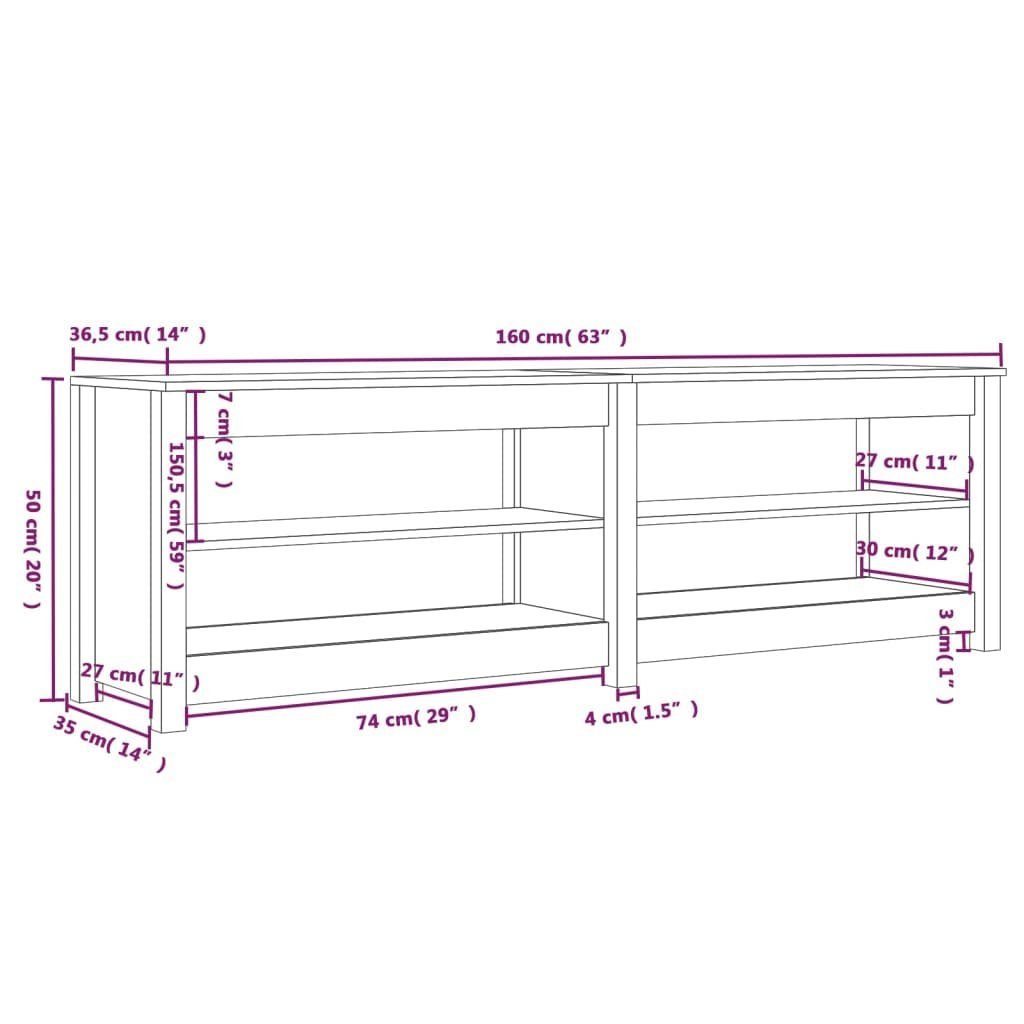 Schuhbank 160x36,5x50 furnicato Schwarz Massivholz Schuhschrank cm Kiefer