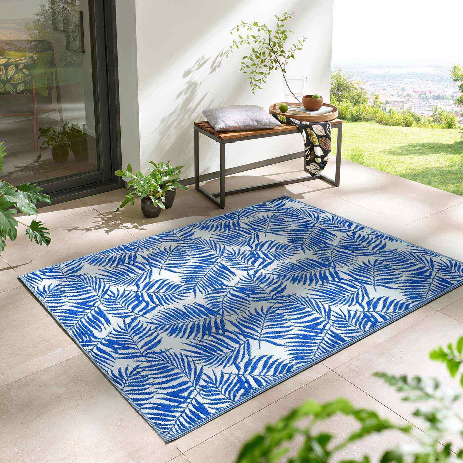 Teppich TaraCarpet Outdoor Teppich Santa Monica wetterfest, TaraCarpet, rechteckig, Höhe: 3 mm, Kurzflor blau-weiß Blätter Balkon Garten Terrasse Camping 080x150 cm