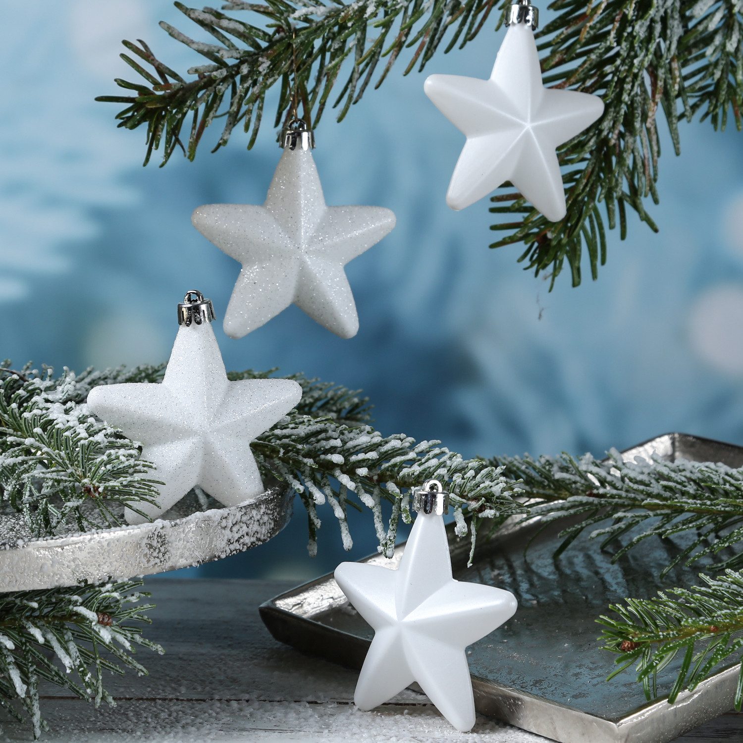 MARELIDA Christbaumschmuck Weihnachtsbaumschmuck Sterne bruchfest glänzend glitzernd weiß 6St.
