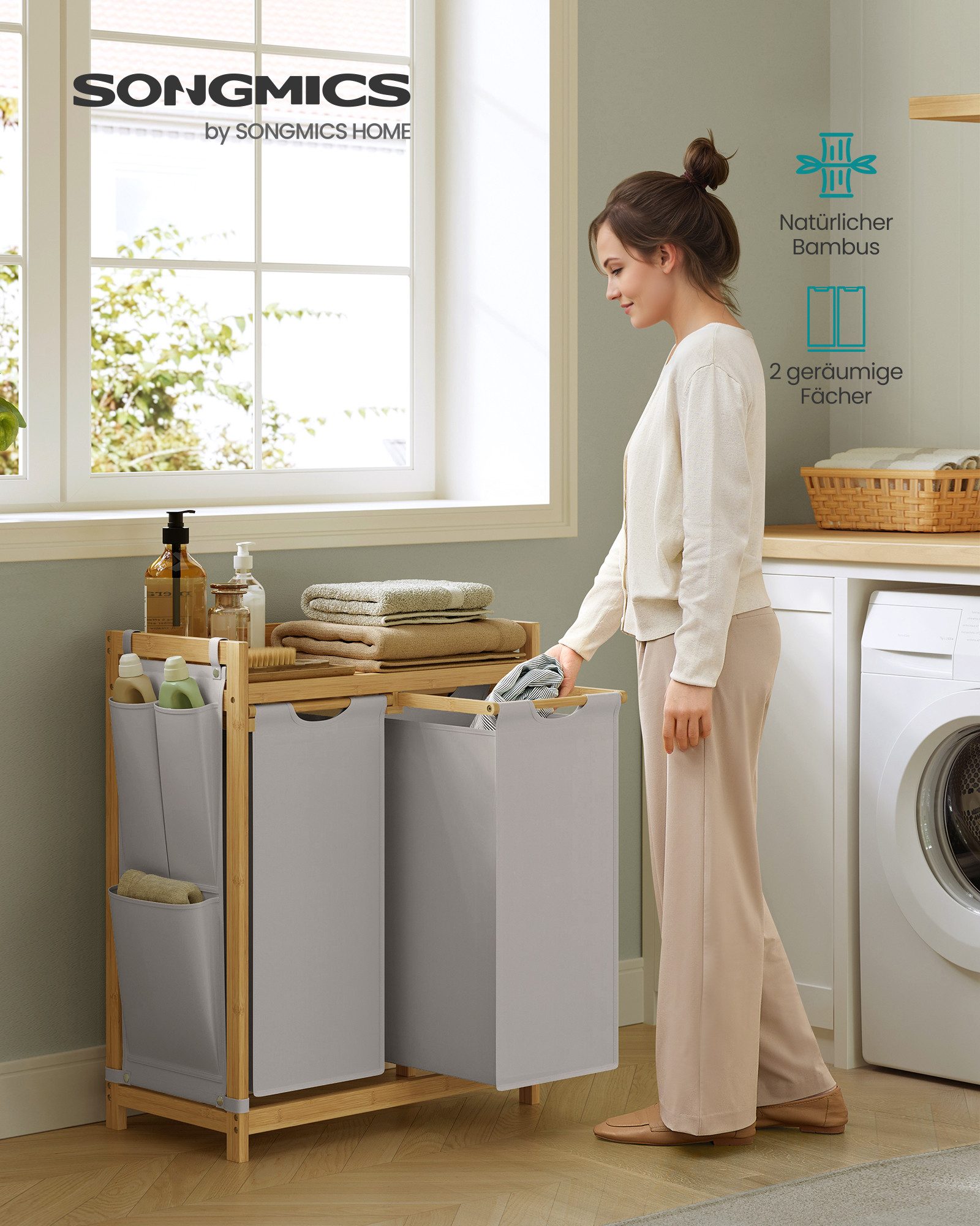SONGMICS Wäschekorb, 2/3/4 Fächer, Bambus, Wäschesammler 100/150/200 L, Wäs günstig online kaufen