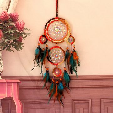 FIDDY Wanddekoobjekt Farbige Federn Fünf-Ring-Traumfänger Netz Warme, Innenraumdekoration Bettnetz Windspiel Anhänger Geschenk Wandbehang