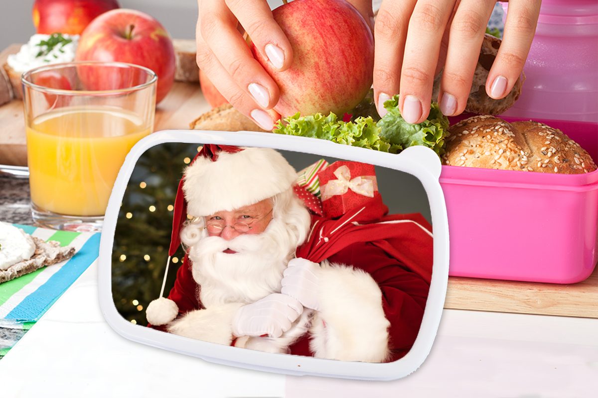 Porträt Kinder, roten Mädchen, Erwachsene, Sack Lunchbox einen Kunststoff, des über Ein der, der für Weihnachtsmanns, Brotbox Brotdose MuchoWow Kunststoff (2-tlg), rosa Snackbox,