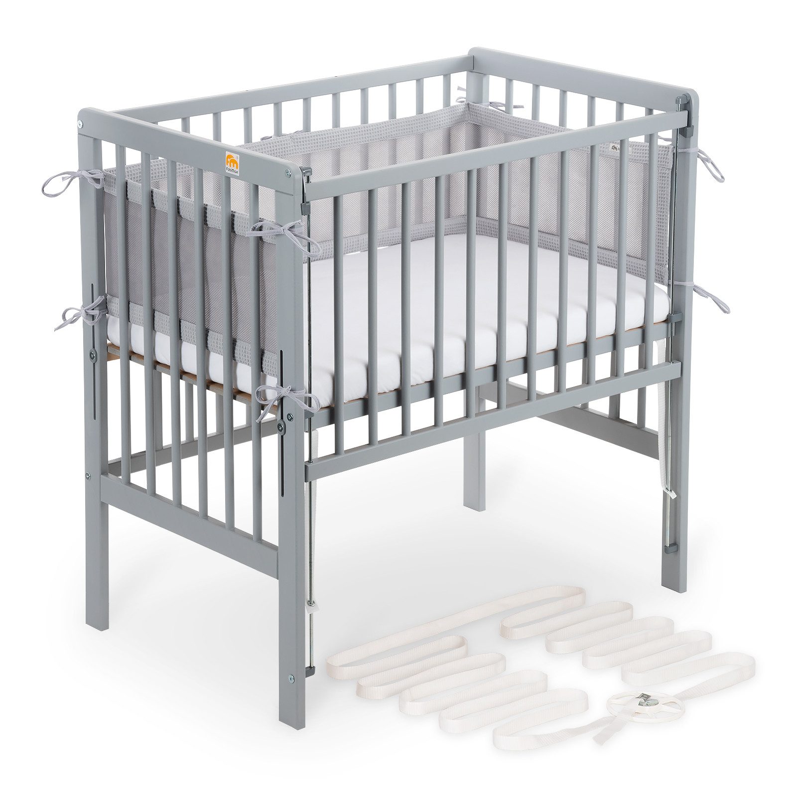 FabiMax Beistellbett Beistellbett Flex 90x55, TÜV geprüft, aus Buchenholz grau lackiert, stufenlos höhenverstellbar, passend für Boxspringbetten, 2 in 1