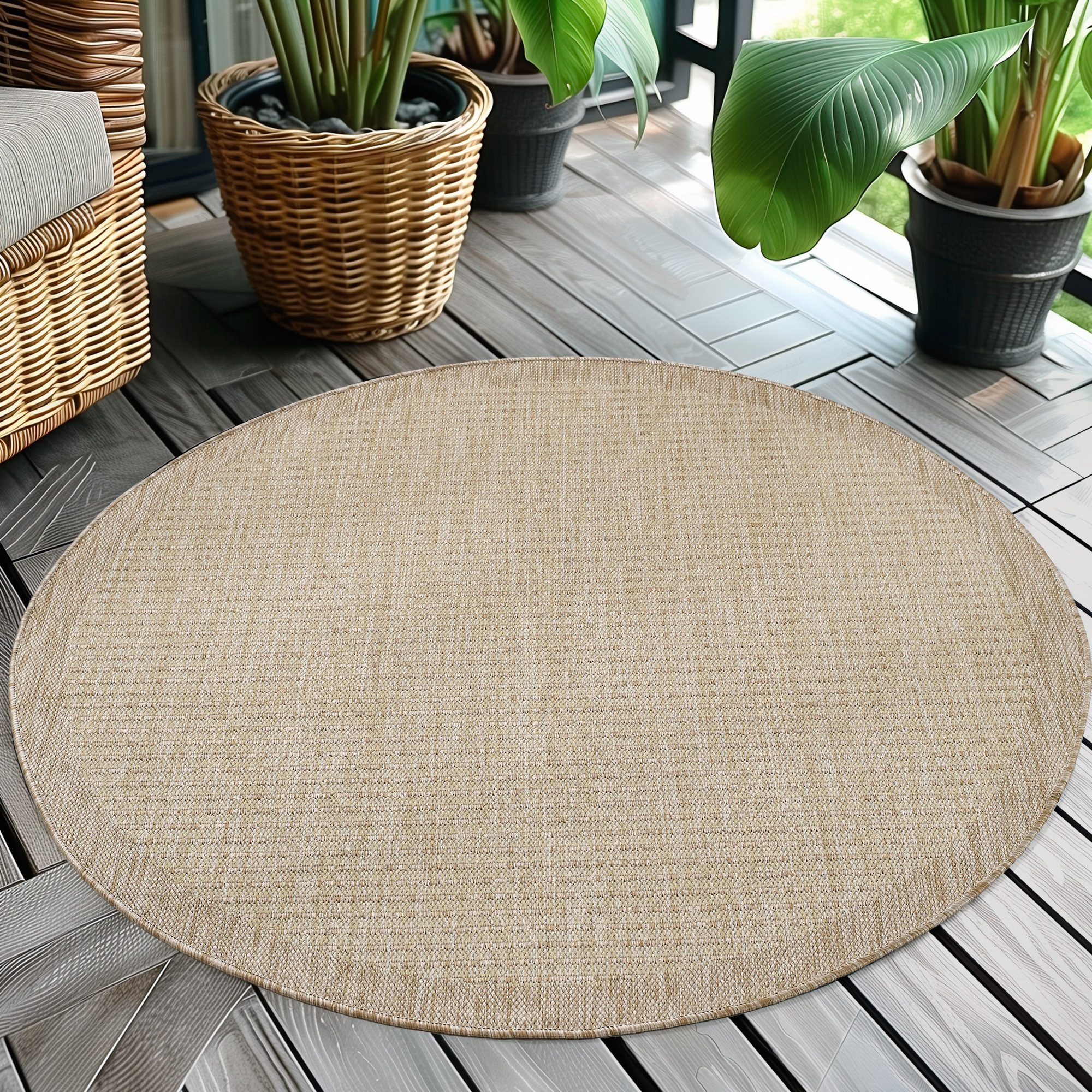 Teppium Outdoorteppich Unicolor - Einfarbig, Rund, Höhe: 5 mm, Teppich Wetterfest Balkon Küchenteppich Flachgewebe Sisaloptik