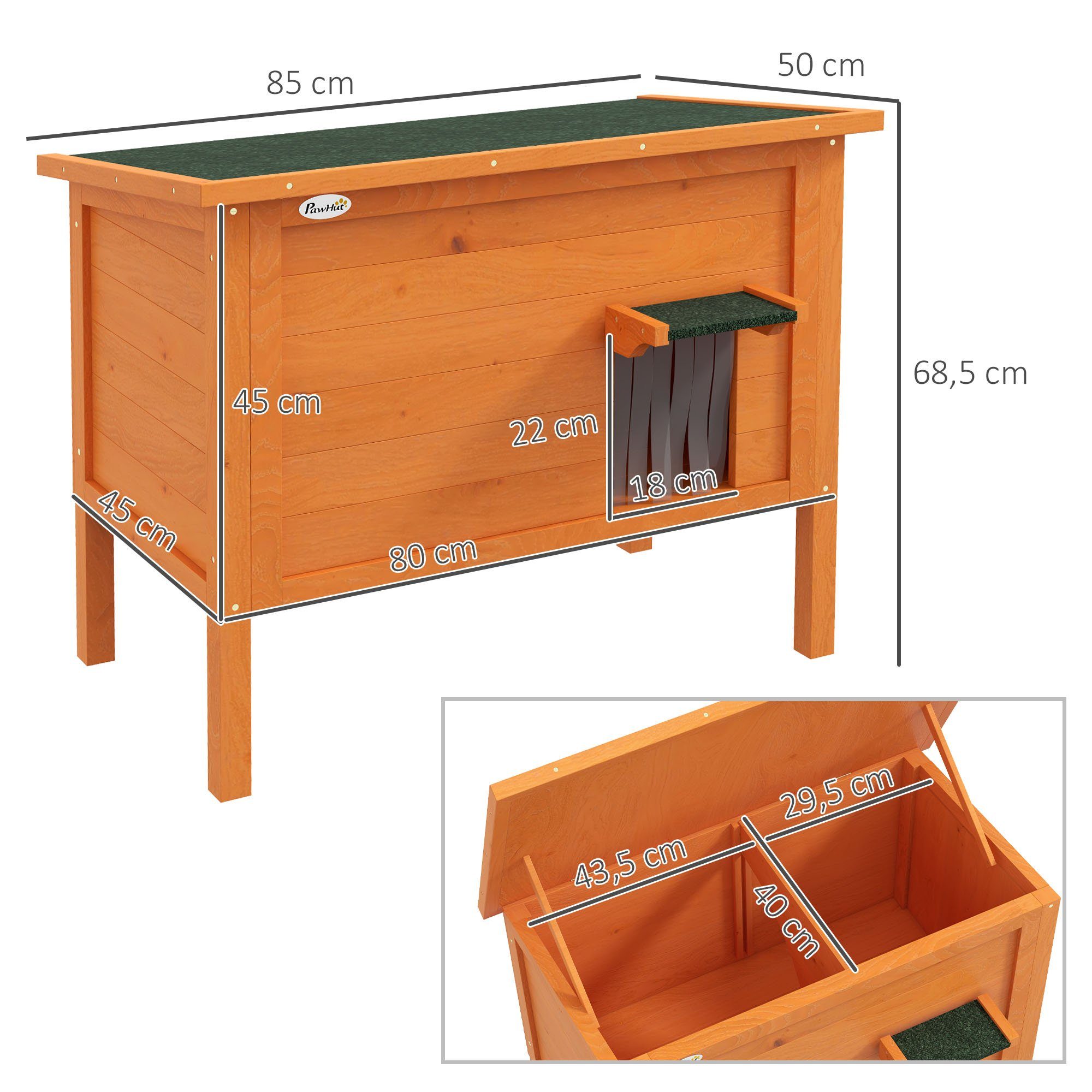 PawHut Tierhöhle Katzenhütte aus Holz, Isolierte, Kleintierhaus mit Türvorhang, für Garten, Balkon, Orange
