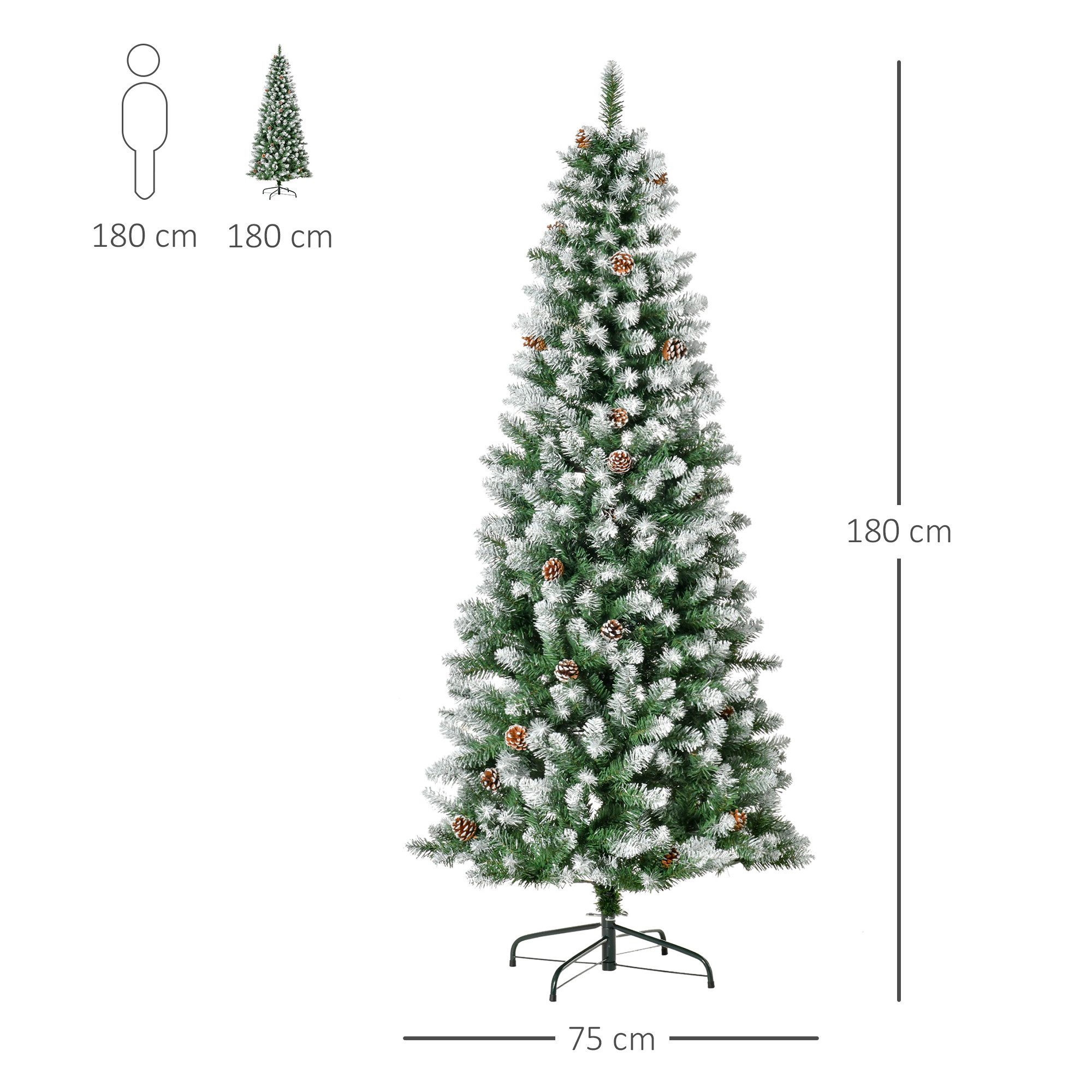 HOMCOM Künstlicher Weihnachtsbaum 180 cm, mit Kunstschnee, 630 Astspitzen, faltbar Standfuß, Tanne, für Weihnachtsfest, Indoor, grün+weiß