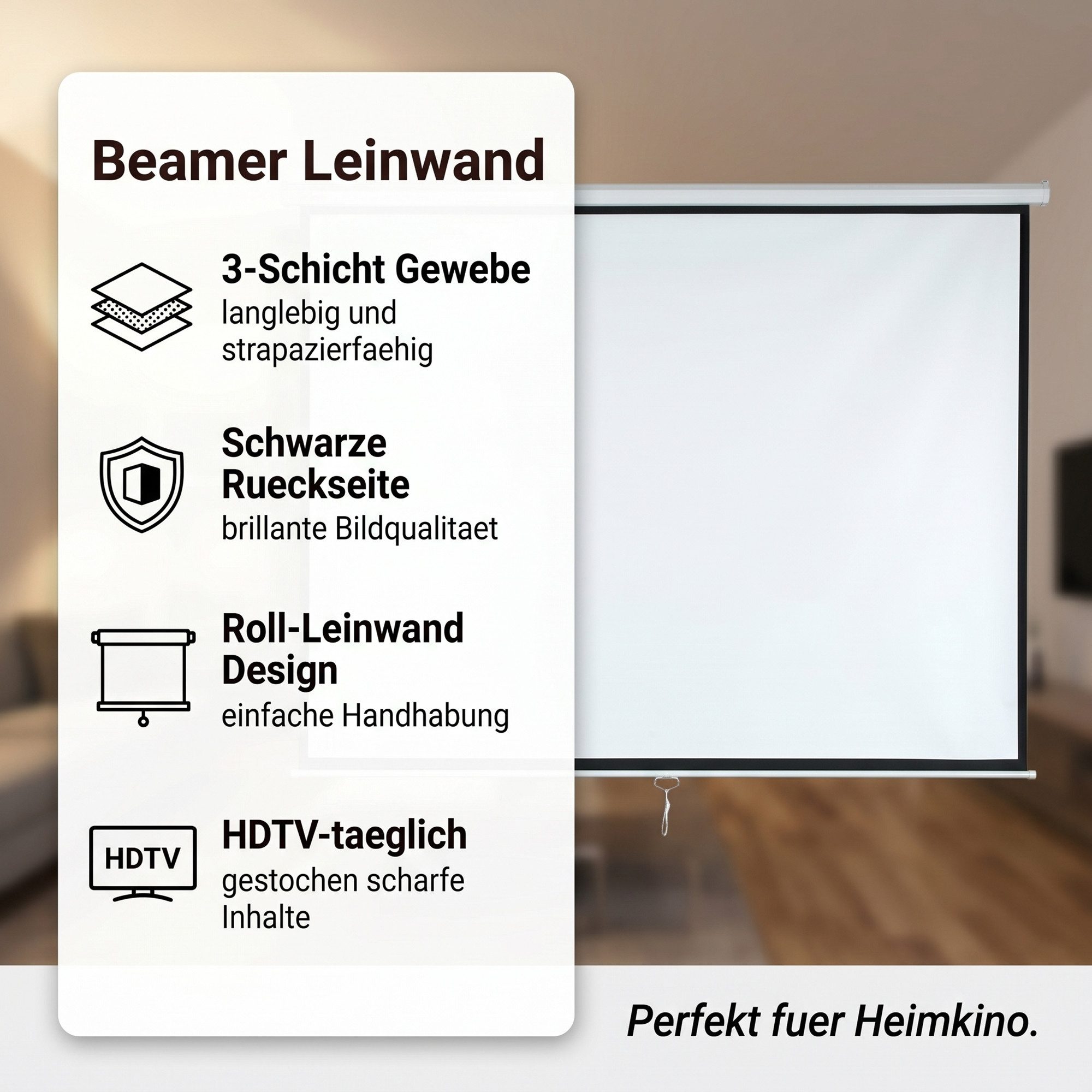 Mucola Leinwand Beamerleinwand Kinoleinwand 178x178 Projektionsleinwand Rolloleinwand, HDTV tauglich, Leinwandgröße: 178 X 178 cm