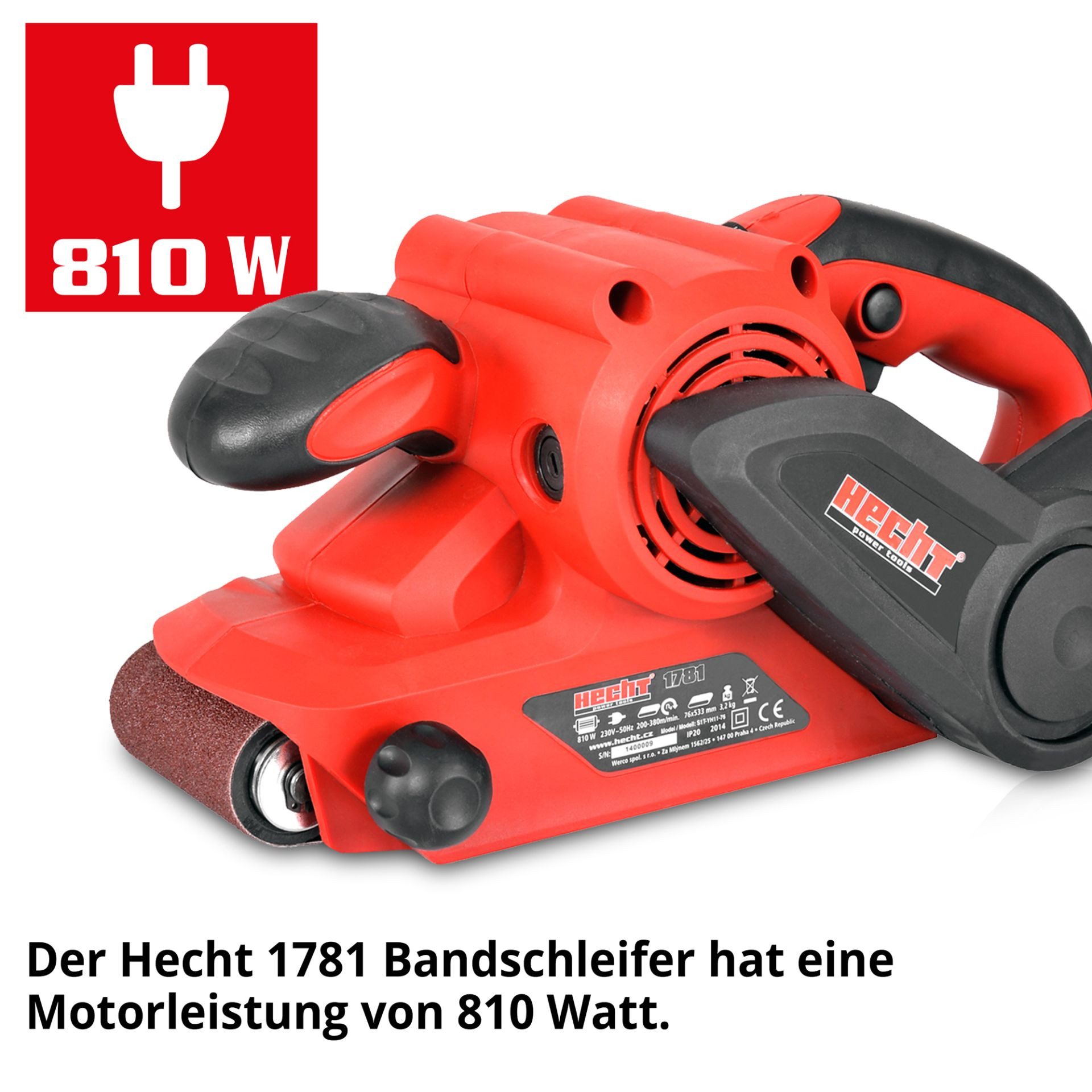 Hecht Bandschleifer 1781 Set 810 W inkl. 10 Schleifbänder P60/P80/P120, max. 380 U/min, (Set, 11 tlg., Bandschleifer + 10 Schleifbänder P60/P80/P120 + Staubbeutel), für Holz, Metall & Kunststoff, Schleiffläche 76x140 mm