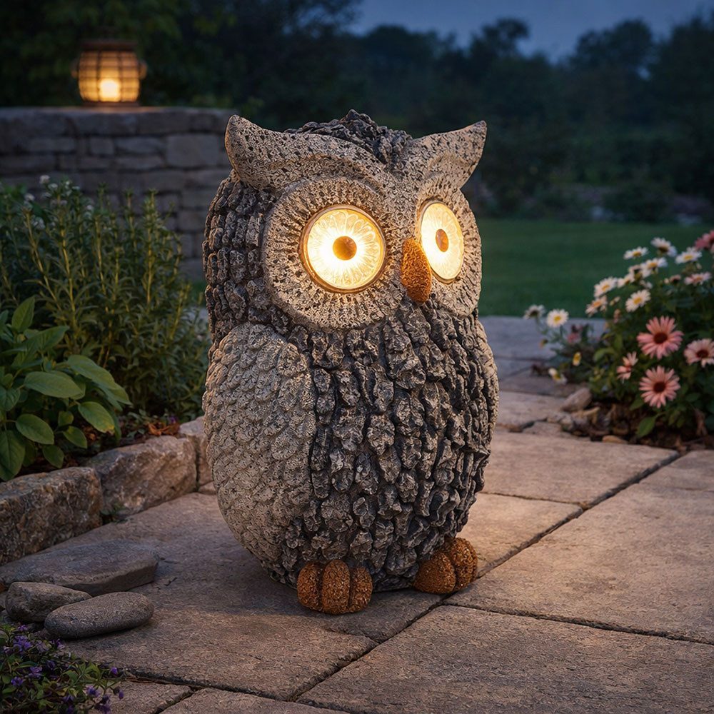 GLOBO LIGHTING LED Dekofigur, LED-Leuchtmittel fest verbaut, Warmweiß, Solar Eule Gartenskulptur für Außen Gartendeko Figur Skulptur grau