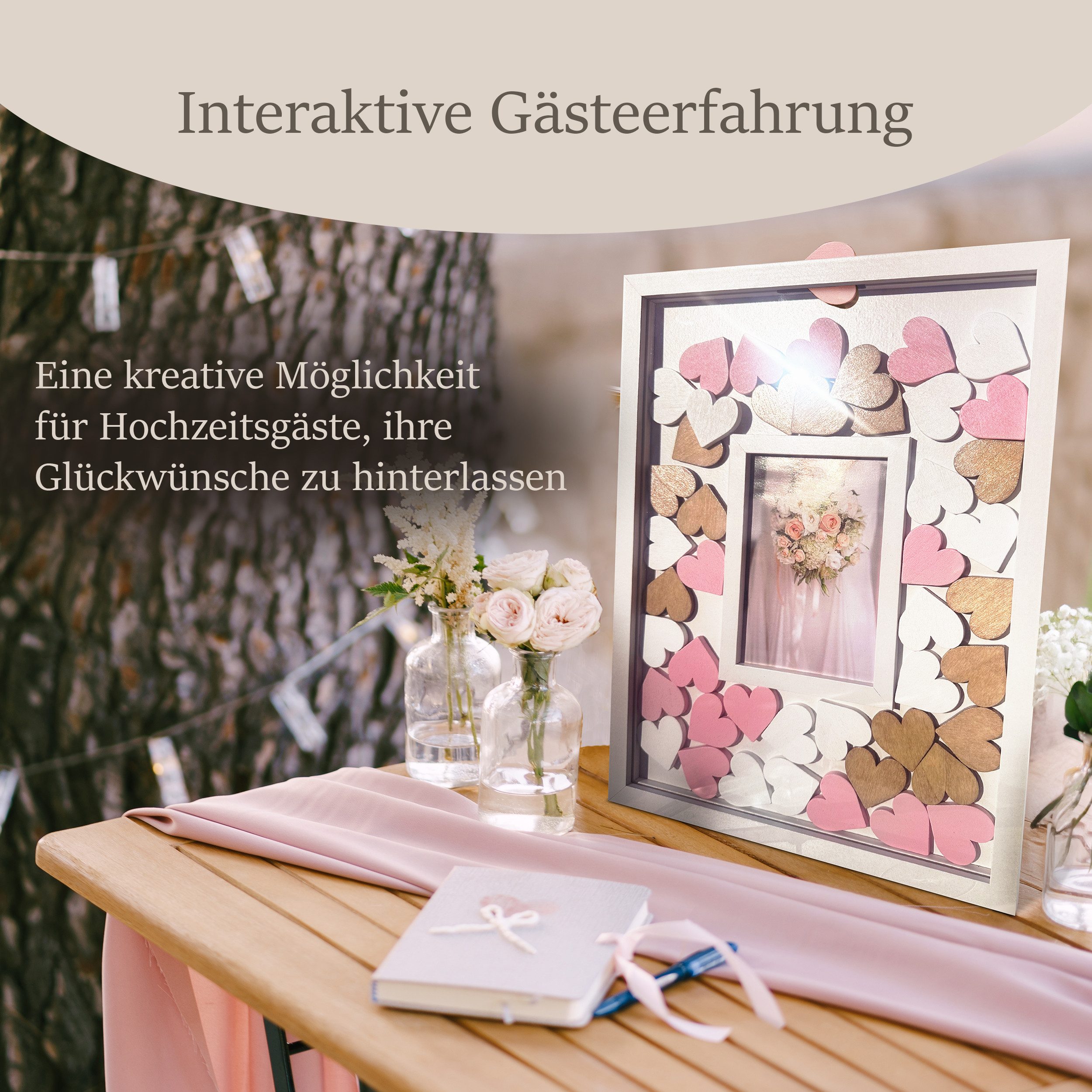 ReWu Bilderrahmen zum Basteln Bilderrahmen mit beschriftbaren Holzherzen Gästebuch, für 1 Bilder