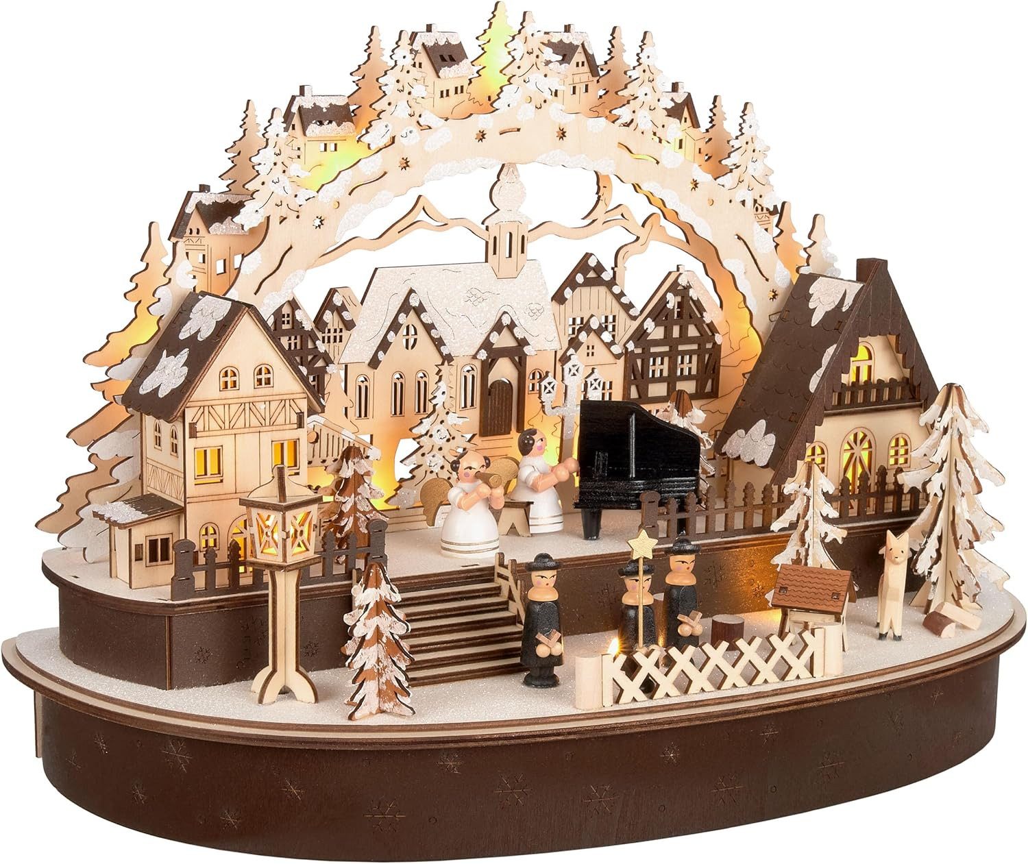BRUBAKER LED Lichterbogen 3D Schwibbogen - Das große Konzert im Weihnachtsdorf, Weihnachtsbeleuchtung aus Holz Natur - Handbemalte Weihnachtsdeko