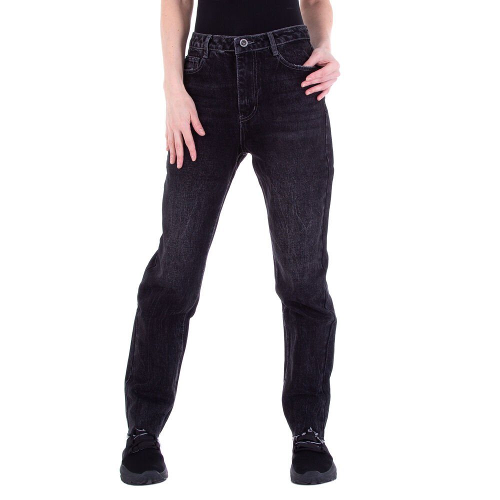 Ital-Design Straight-Jeans Damen Freizeit Jeansstoff Straight Leg Jeans in Schwarz | Straight-Fit Jeans