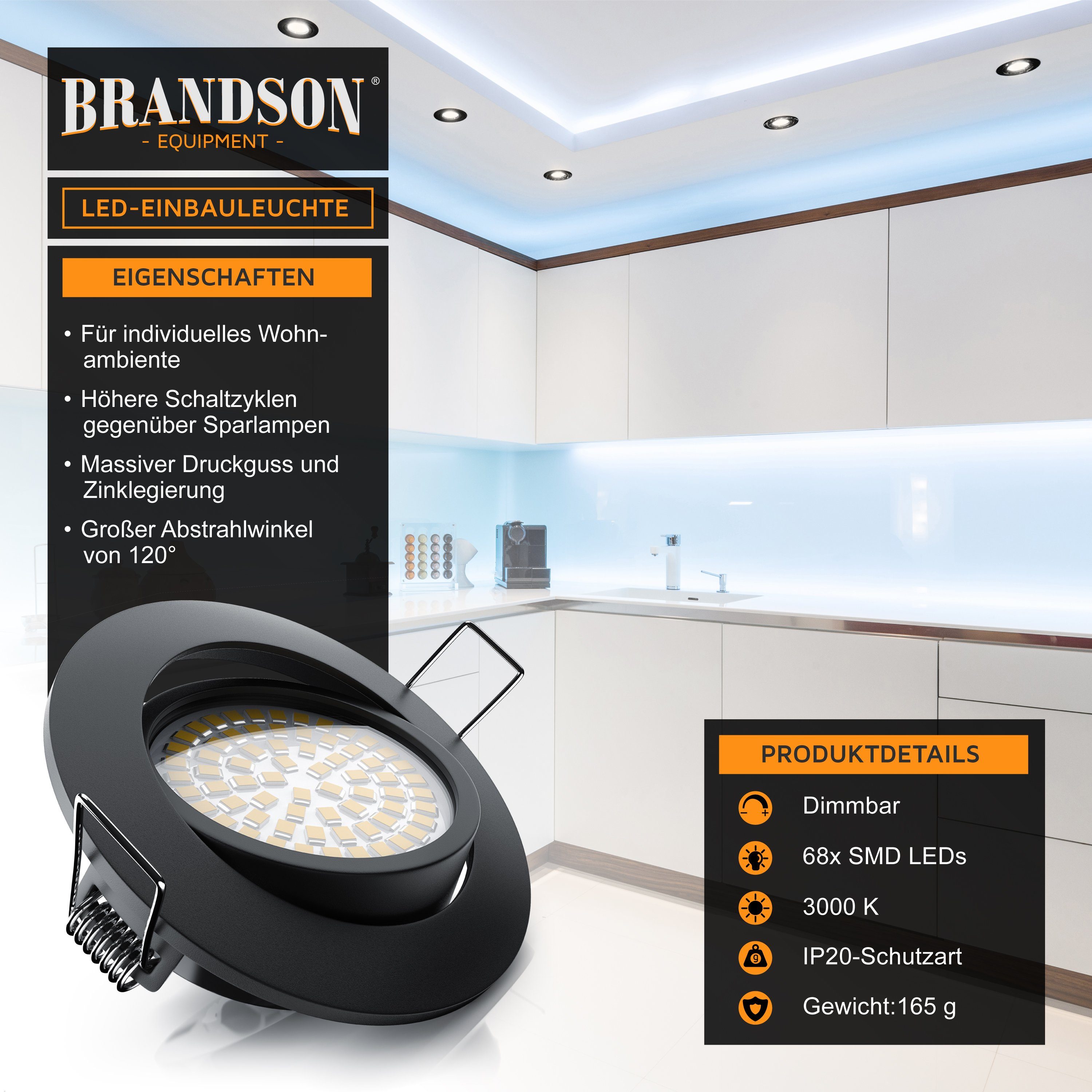 Brandson LED Einbaustrahler dimmbar & schwenkbar, Deckenspots, Aluminium Rahmen, schwarz, Dimmfunktion; Schwenkmechanismus (40° vertikal), LED fest integriert, warmweiß, Einbauleuchte / Spots ultra flach, Abstrahlwinkel 120 Grad - 230V