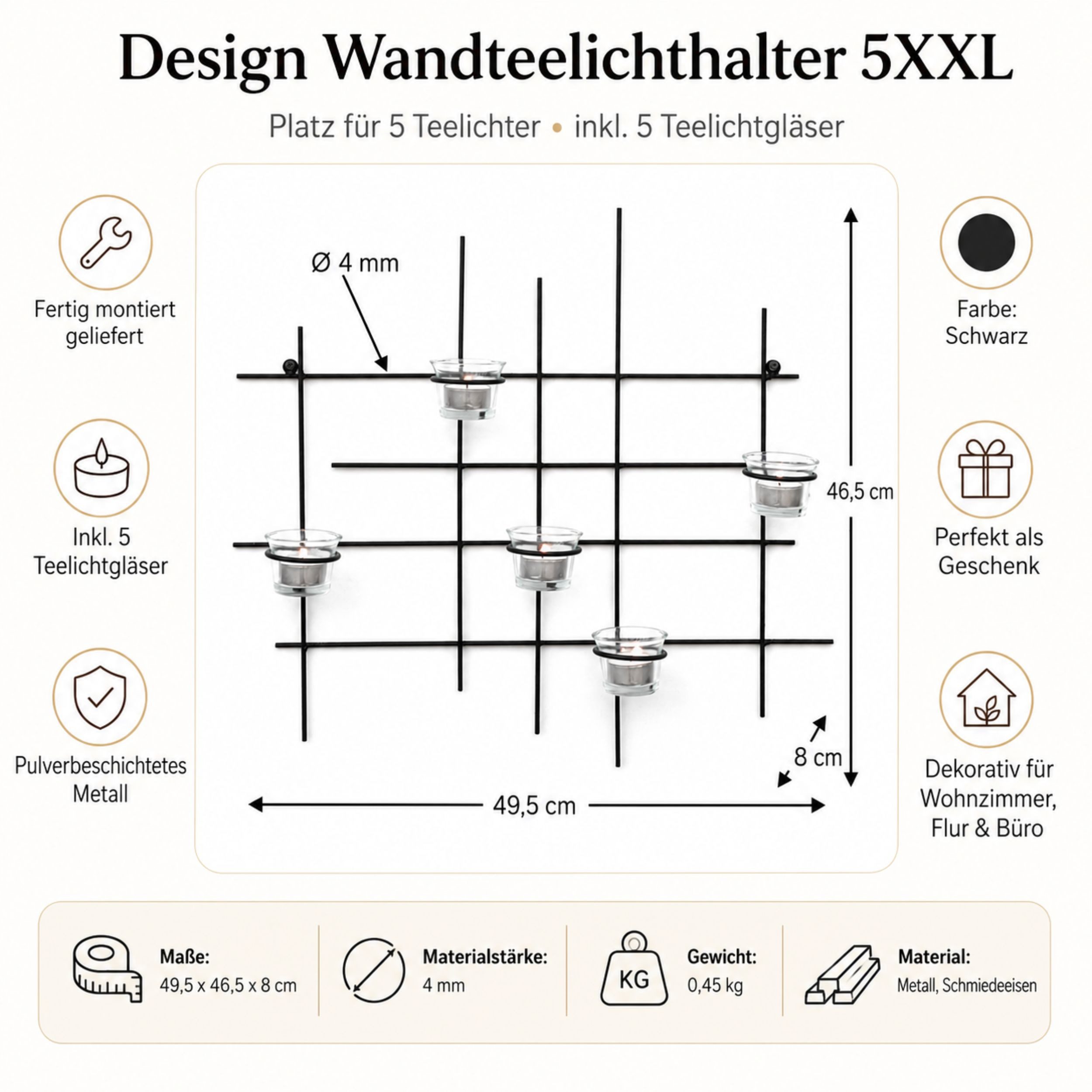 DanDiBo Teelichthalter Wand Metall Leuchter 5XXL Wandkerzenhalter 50 cm, Wandteelichthalter Kerzenhalter Wanddeko – Bild 2 von 5