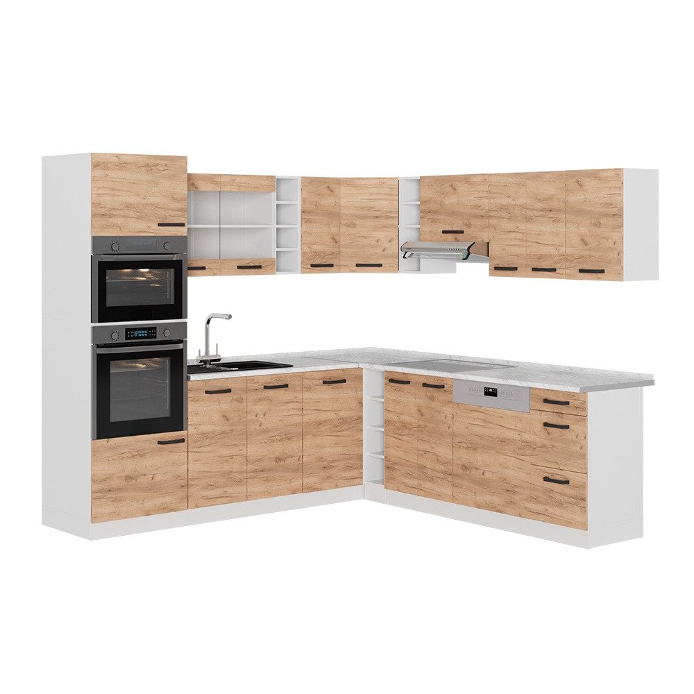 Vicco Winkelküche R-Line, Goldkraft Eiche/Weiß, 247 x 237 cm ohne Arbeitsplatte
