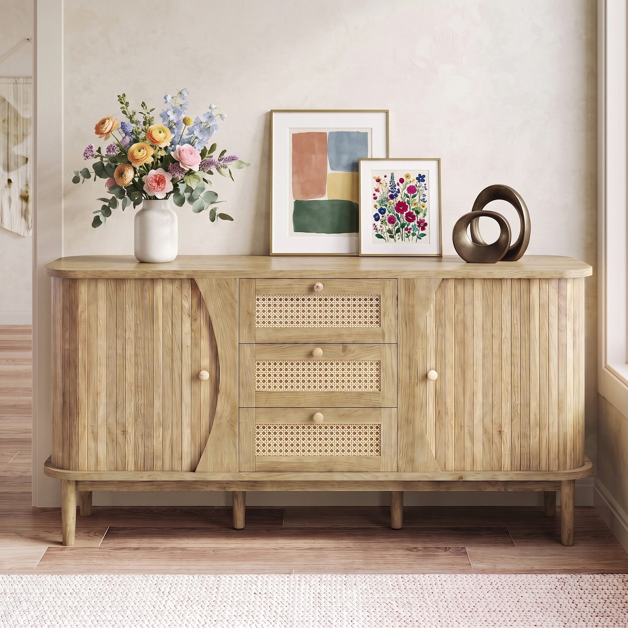 Totnz Sideboard mit 3 Rattanschubladen, Kommode mit Stauraum und zusätzlichen Fächern (Massivholzbeine, modernes Aufbewahrungsmöbel), für Wohnzimmer, Esszimmer und Flur
