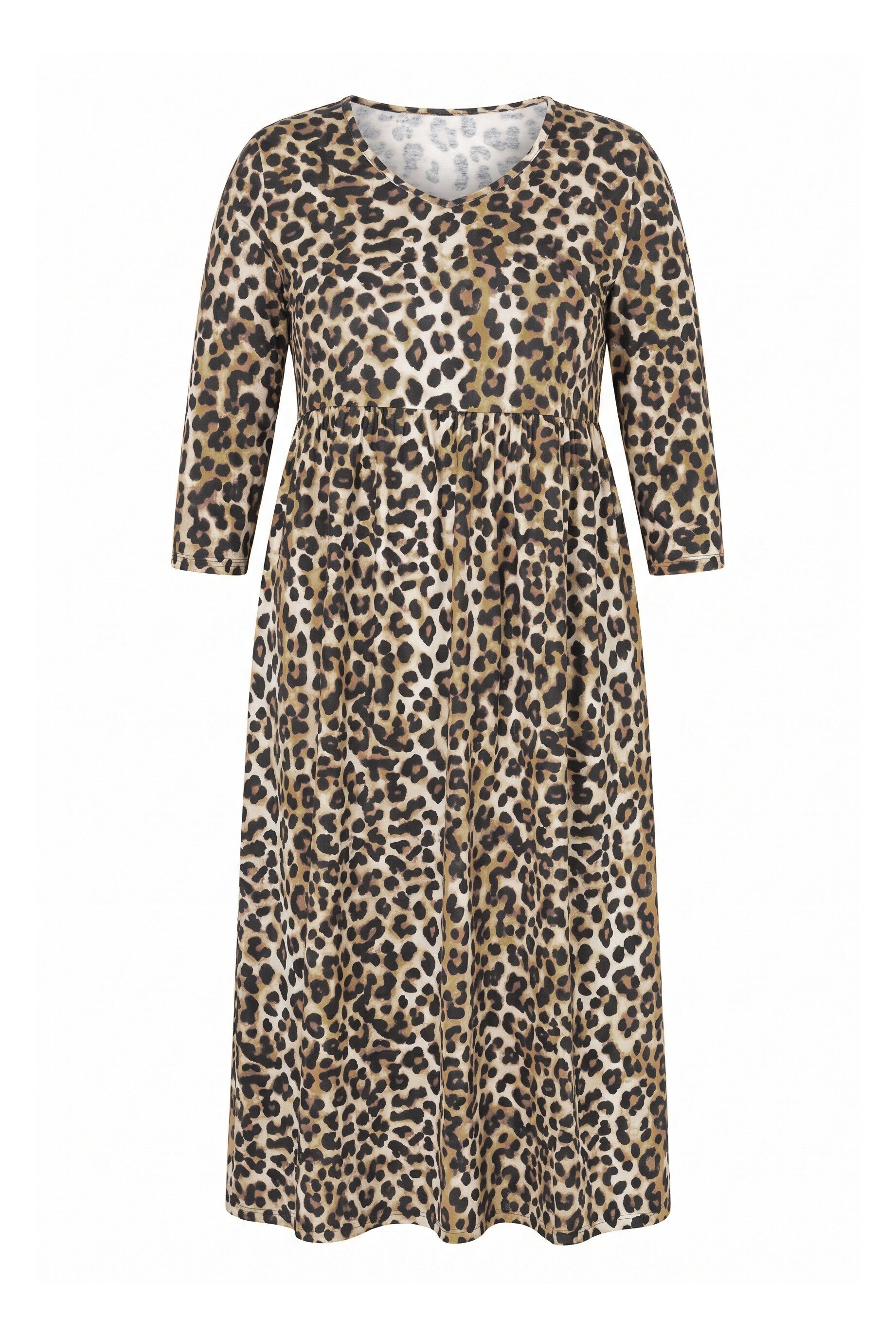 Ulla Popken Maxikleid Maxikleid Leomuster V-Ausschnitt 3/4-Arm Taschen