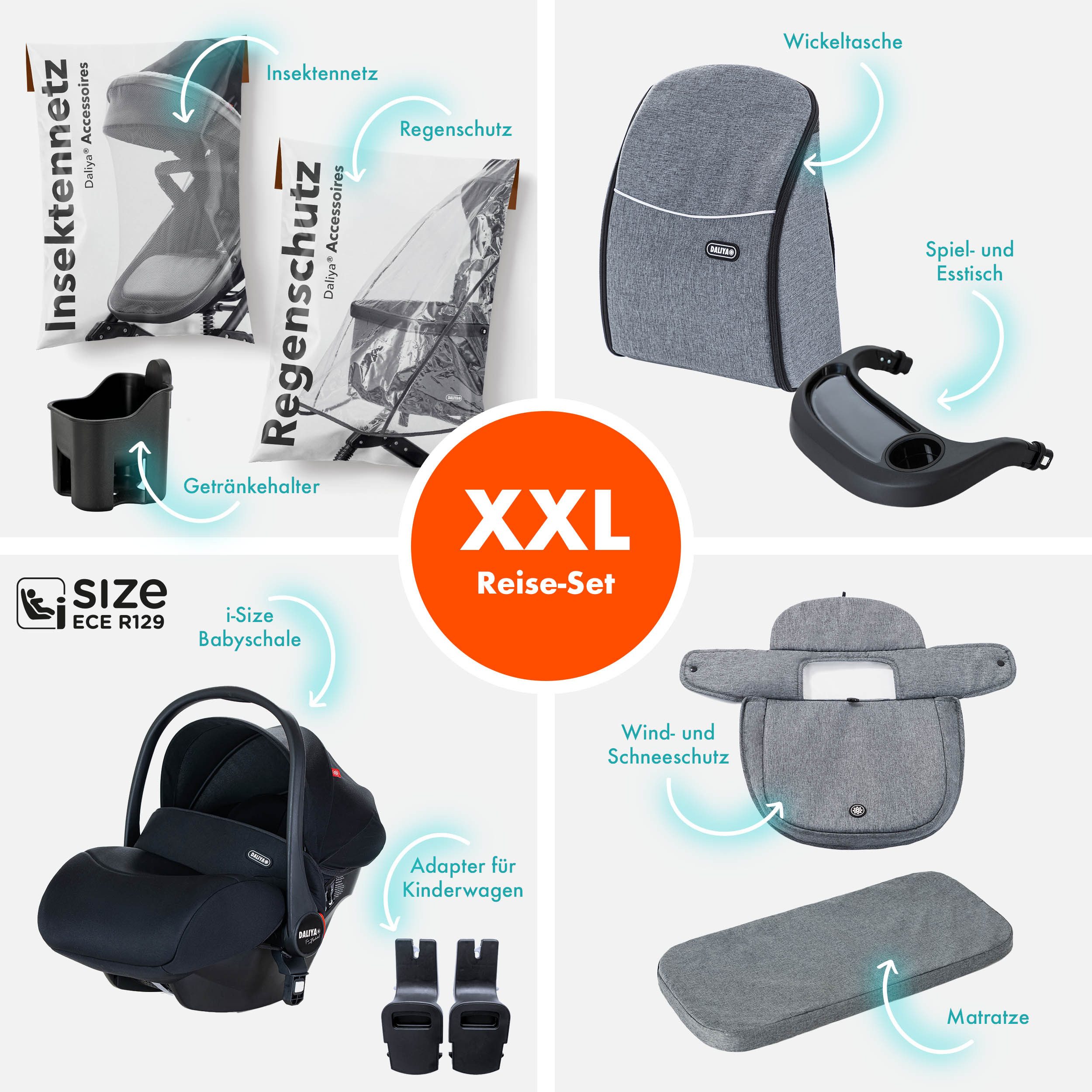 Daliya® Kombi-Kinderwagen BAMBIMO 3in1 Kinderwagen & Buggy mit Auto-Babyschale und Adapter, (XXL-Set inkl. Wickeltasche und Spieltisch, 15-tlg), Babyschale, Airless-Räder, Federung, weiche Matratze, Belüftungssystem