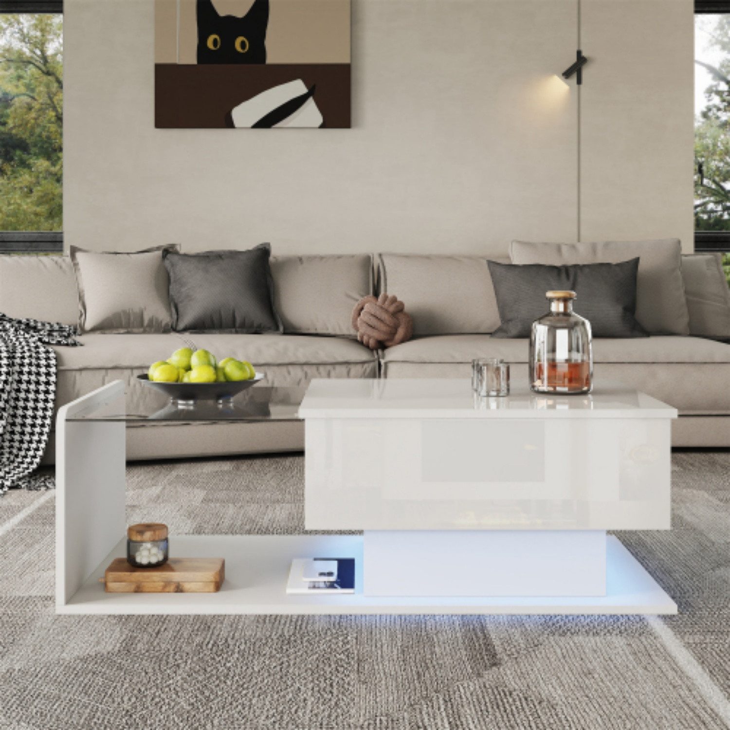 ANYSUN Couchtisch Glas-Couchtisch, höhenverstellbar, mit LED-Beleuchtung & Stauraum, Mit App-Steuerung, abgerundeten Ecken, Hochglanz, 100 x 50 cm