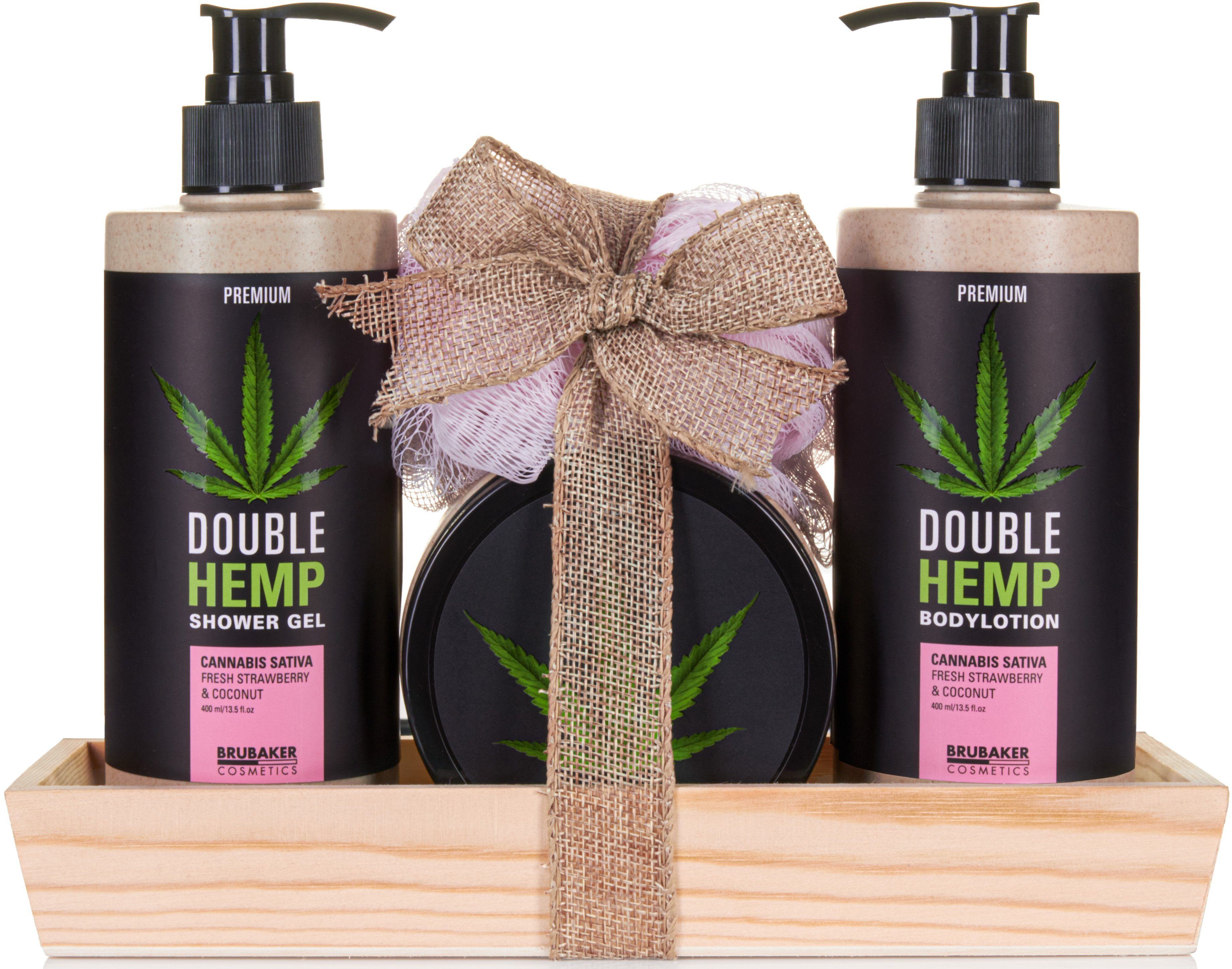 BRUBAKER Pflege-Geschenkset Badeset mit Erdbeeren & Kokosnuss Duft, Wellness Geschenkset, 5-tlg., Hanf Beautyset für Frauen mit Tablett aus Holz, Damen Pflegeset