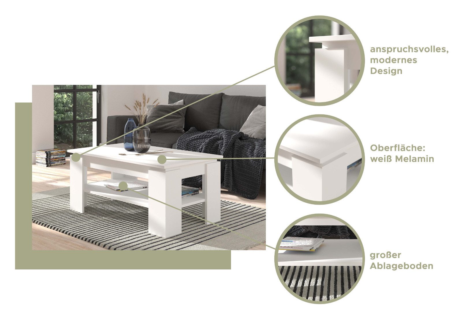 Inn.Furn Couchtisch Selen (Wohnzimmertisch in 4 Farben, 100 x 60 cm), mit großem Ablageboden