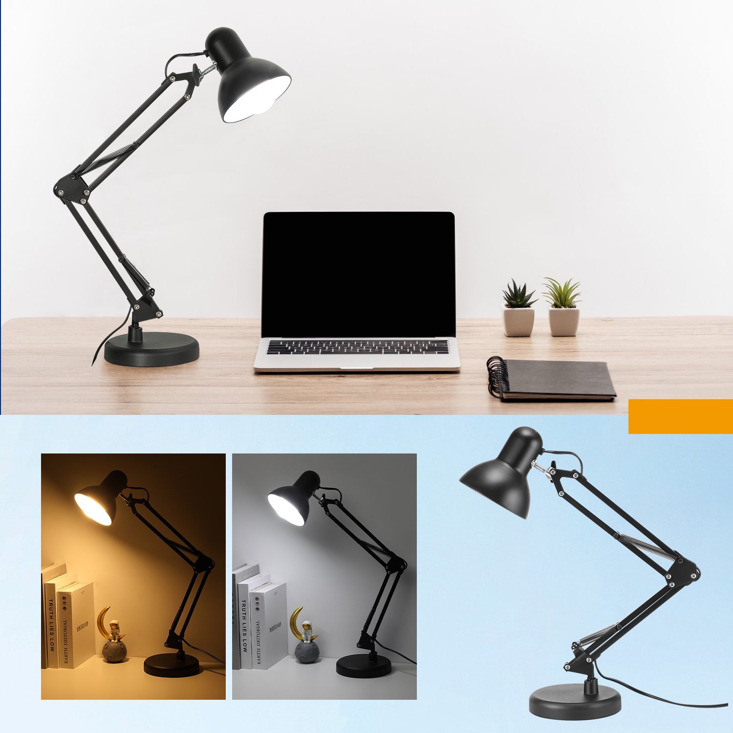 Schreibtischlampe Metall, mit E27 Leuchtmittel, Fassung aus Tischlampe fest (max. Leselampe LED Gelenkarm Schwarz, mit LETGOSPT exkl. 40W), LED Leselampe integriert,
