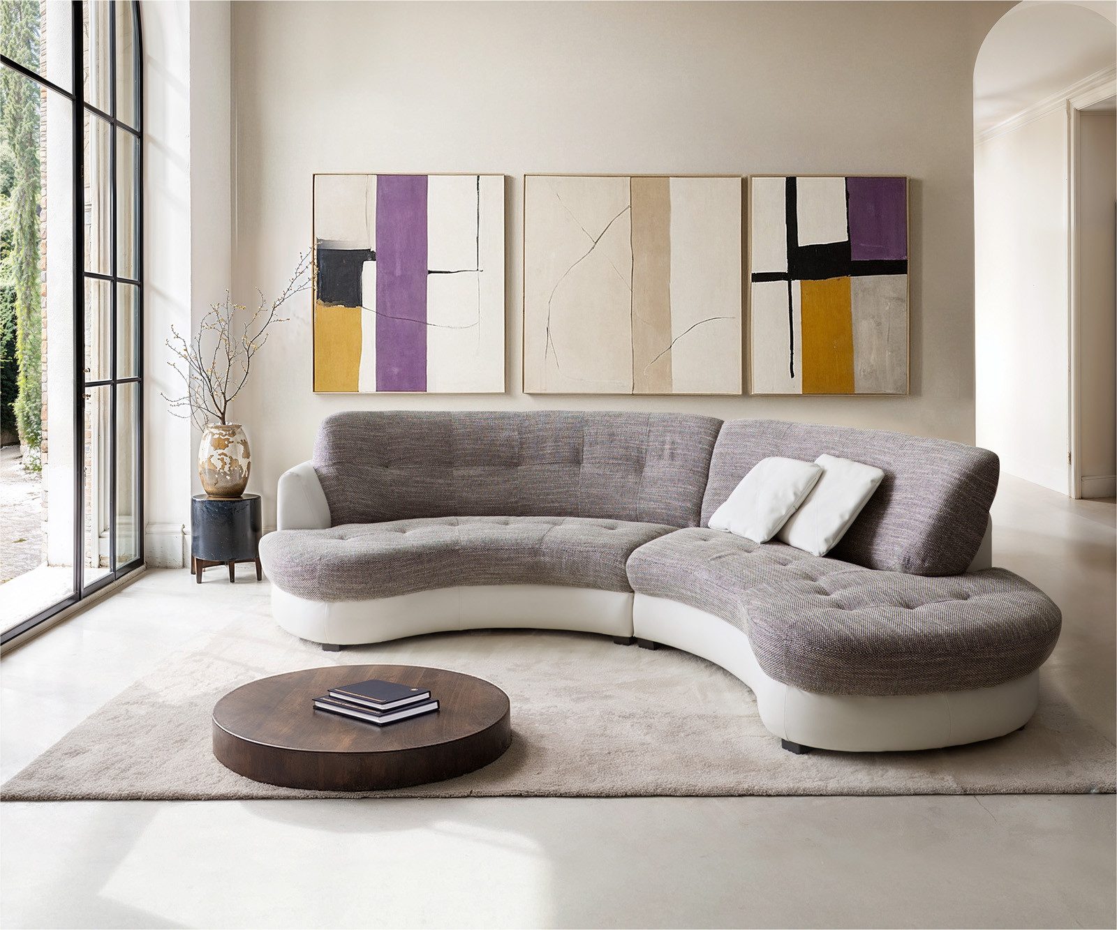 DELIFE Wohnlandschaft Napoli, Hellgrau Weiss 300x95cm Rundsofa inkl. Kissen Sofa