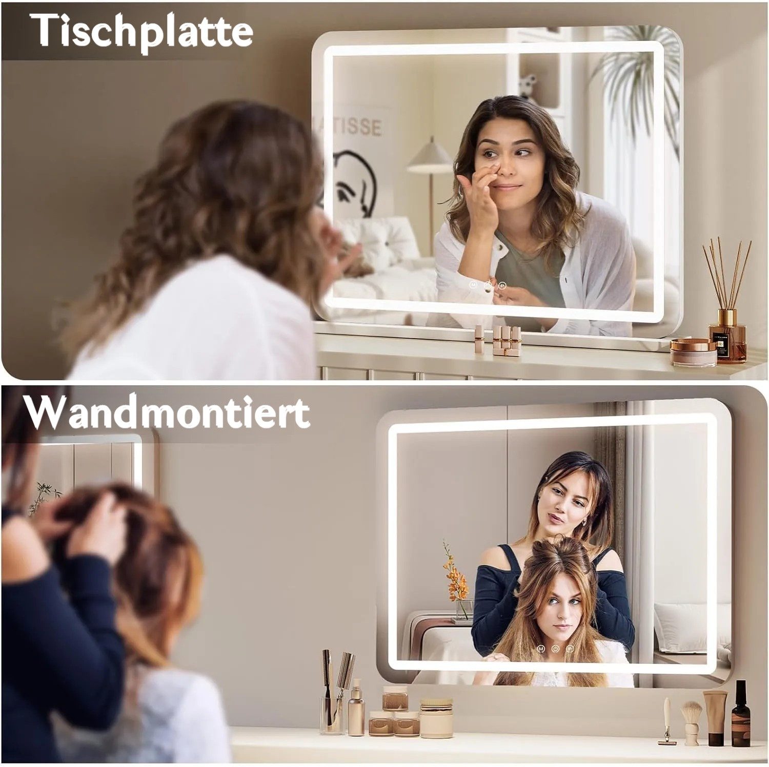 TLGREEN Schminkspiegel mit beleuchtung, (58X46/50x40cm, Mit USB und Typ-C,10x-Lupe, 3 Farbtemperaturen, Wandspiegel, Tischspiegel, mit Touchscreen-Steuerung) – Bild 5 von 5