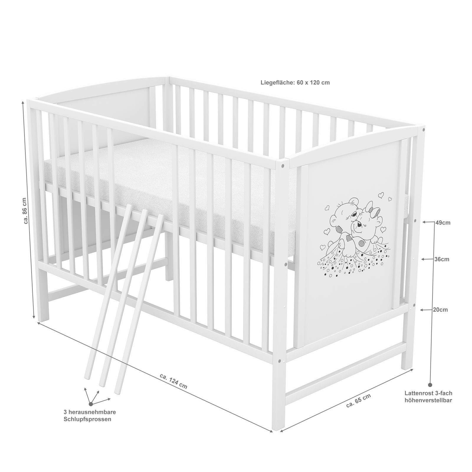 Baby-Delux Babybett Mia, Kinderbett 60x120 cm weiß höhenverstellbar, Kiefer mit Bärchen Motiv – Bild 4 von 5