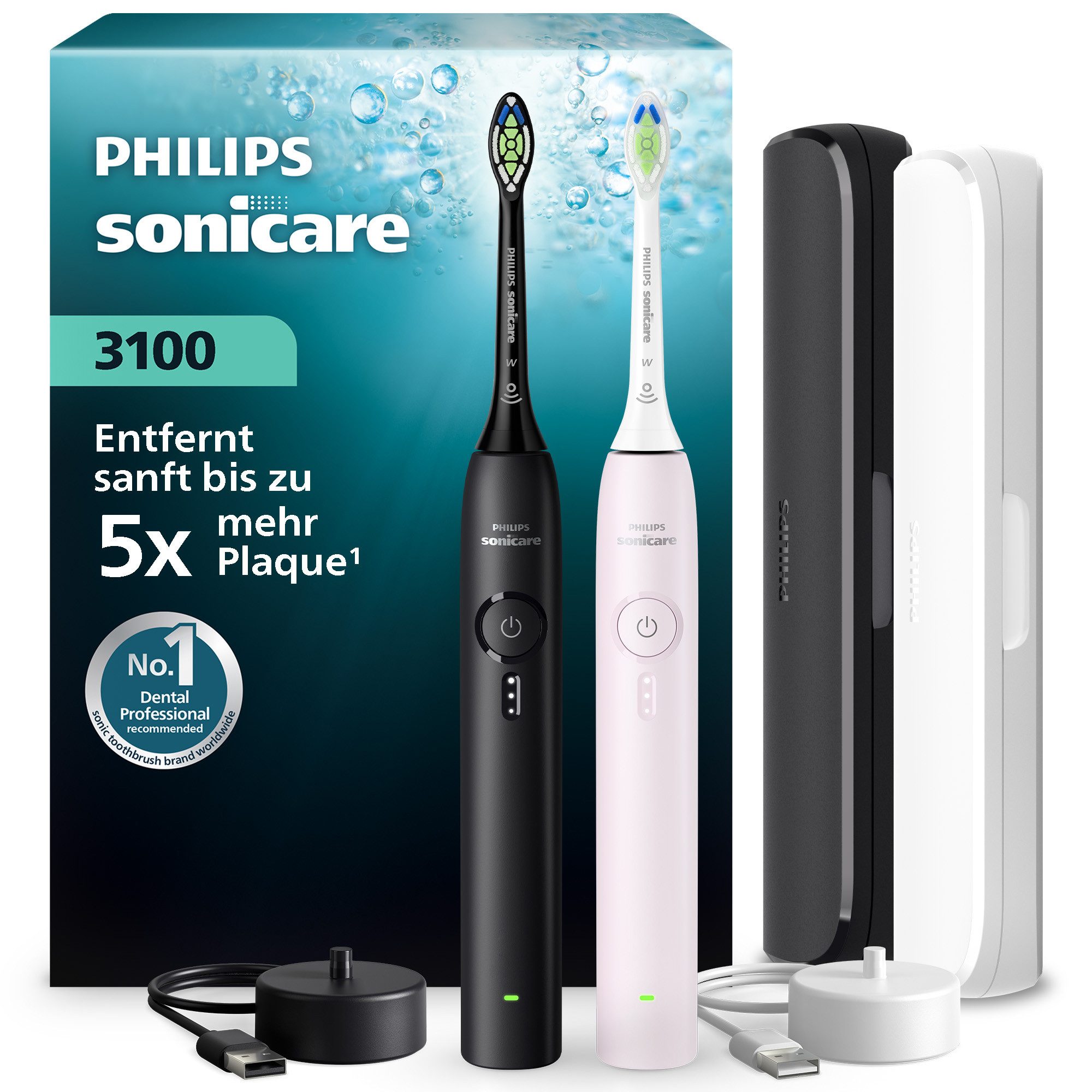 Philips Sonicare Elektrische Zahnbürste Series 3100, Aufsteckbürsten: 2 St., mit Drucksensor, 3 Intensitätsstufen, inkl. Reiseetui und Ladegerät
