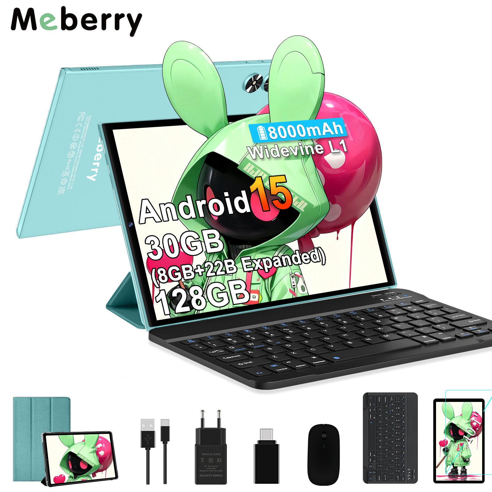GOODTEL Meberry 2026 Tablet Android 15, WiFi, 30 GB RAM Tablet (10,1", 128 GB, Android 15, 8000 mAh, Widevine L1, mit Zubehör Tastatur, Maus)