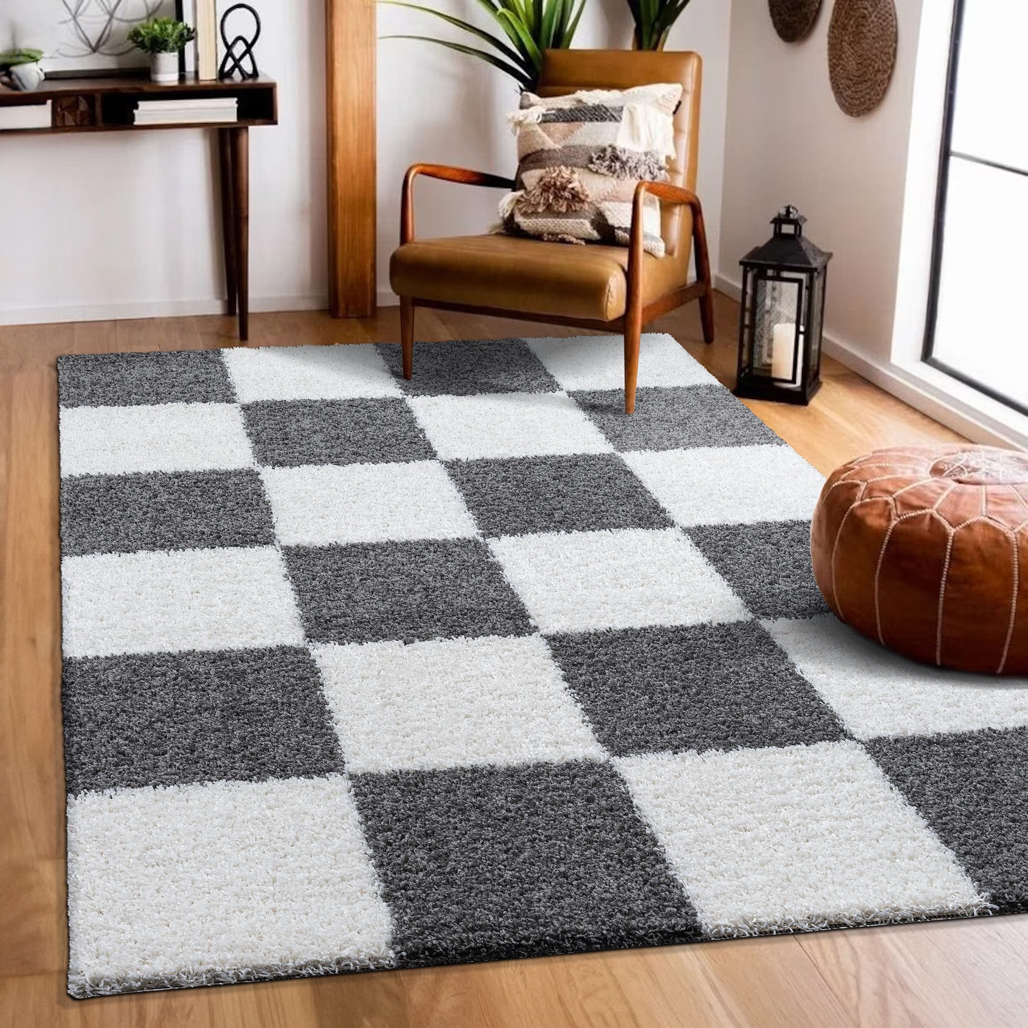 Sanat Hochflor-Teppich Milano 1250, auch als Läufer und in Rund, rechteckig, Höhe: 30 mm, Hochflor, Shaggy, Karo, Wohnzimmer, Schlafzimmer
