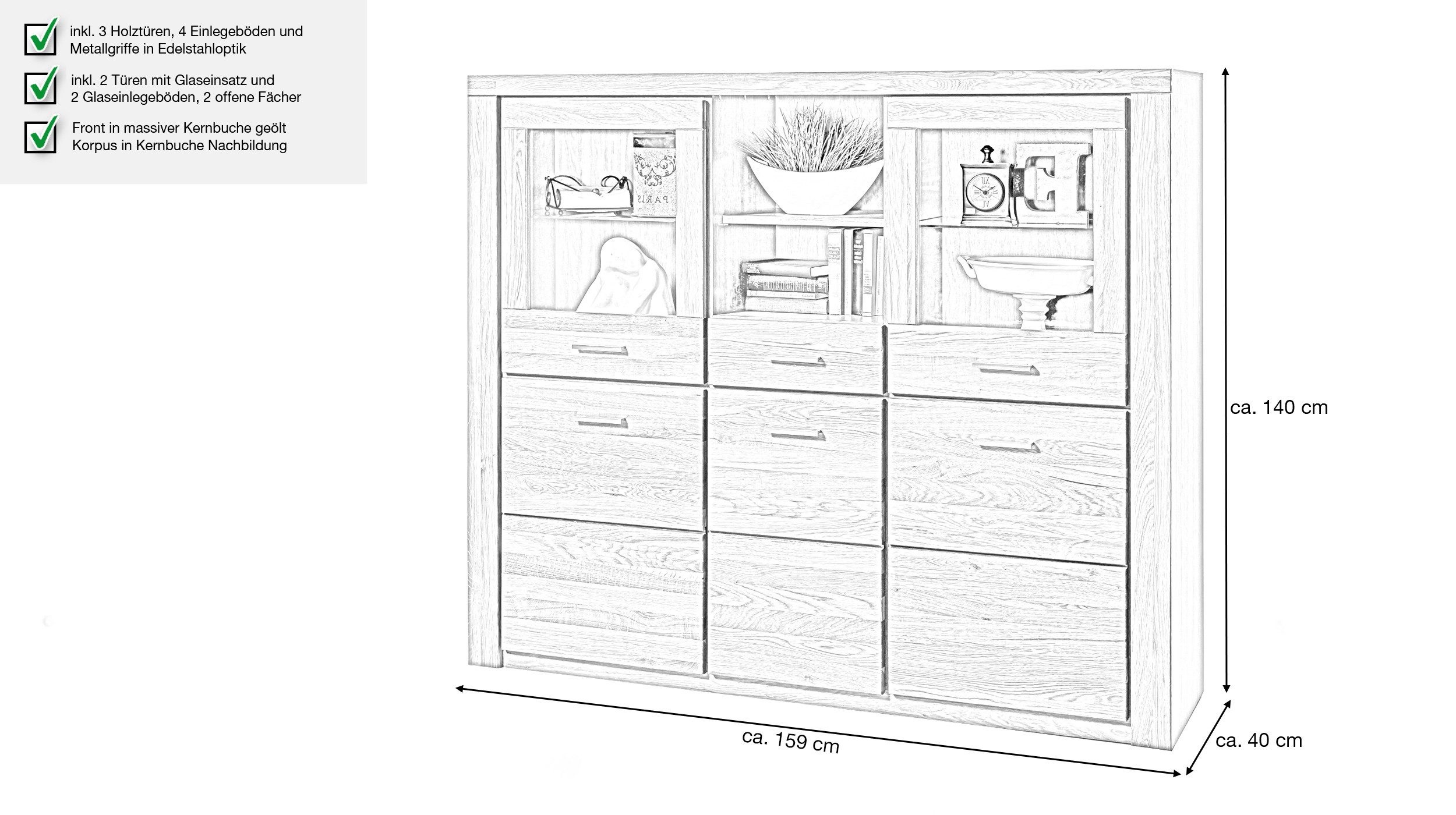 Massivart® Highboard FREYJA 159 cm / Massivholz Kernbuche geölt / Metallgriffe, 3 Holztüren / 2 Glastüren / 2 offene Fächer / Schublade