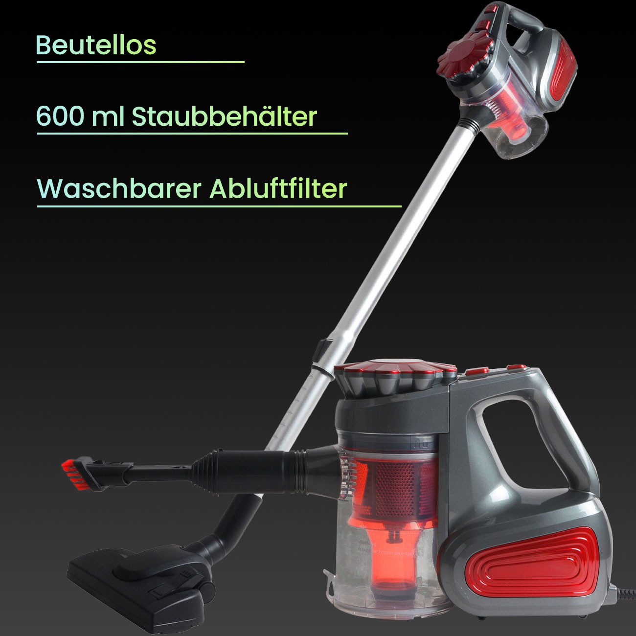 Expo Börse Bodenstaubsauger Handstaubsauger 2-in1 Zyklon Staubsauger beutellos 600 ml bordeaux, 600 W, beutellos, langlebig & pflegeleicht, 5 m langes Kabel, mit Filtersystem