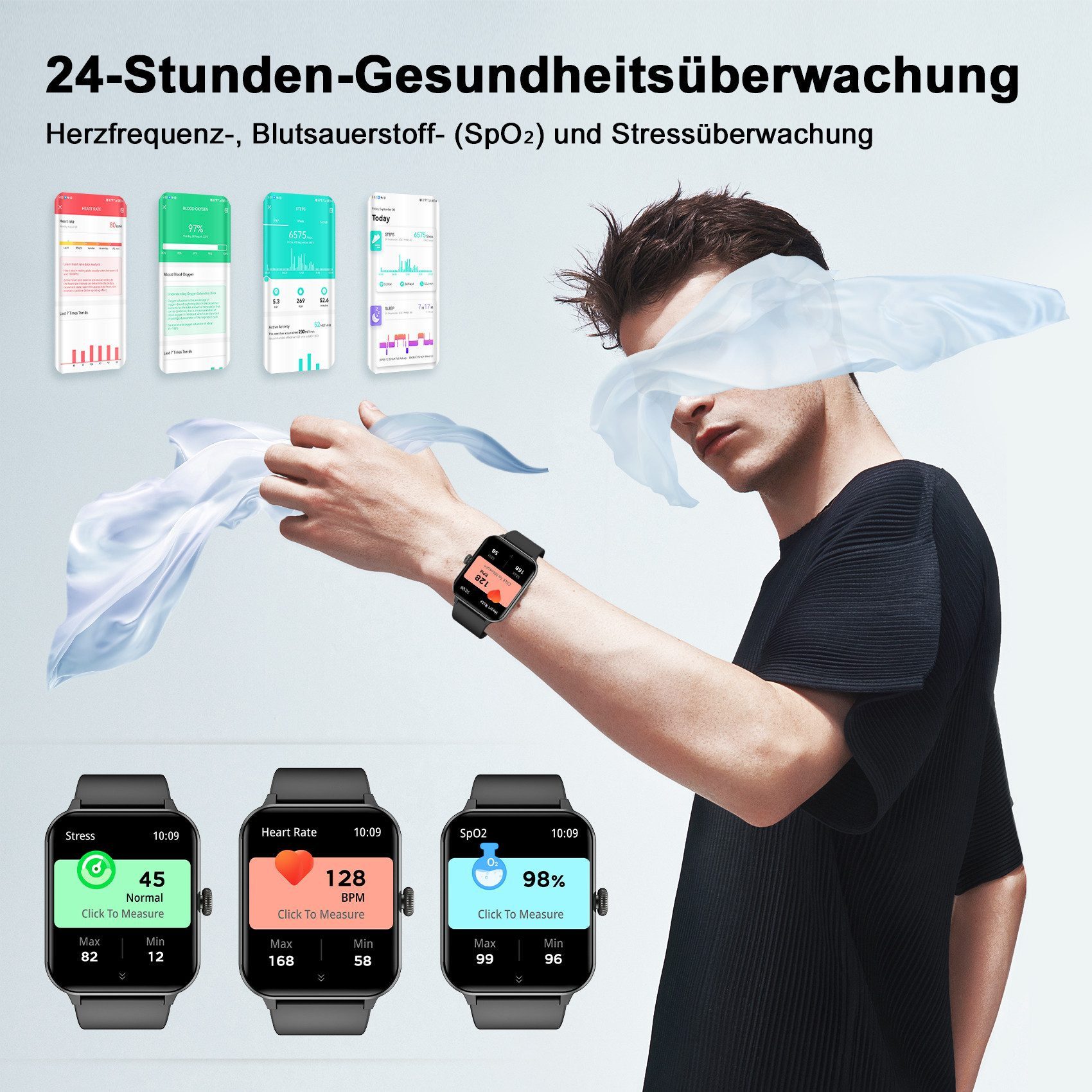 blackview 1,85 Zoll Sportuhr Herren Damen mit Telefonfunktion/Fitnessuhr/Monitor Smartwatch (4,7 cm/1,85 Zoll, iOS/Android), mit Wechselband aus weichemSilikon und Ladekabel, 2 Armband,100+ Sportmodi,Fitnessuhr, Puls-Schlaf-Monitor,Schrittzähler