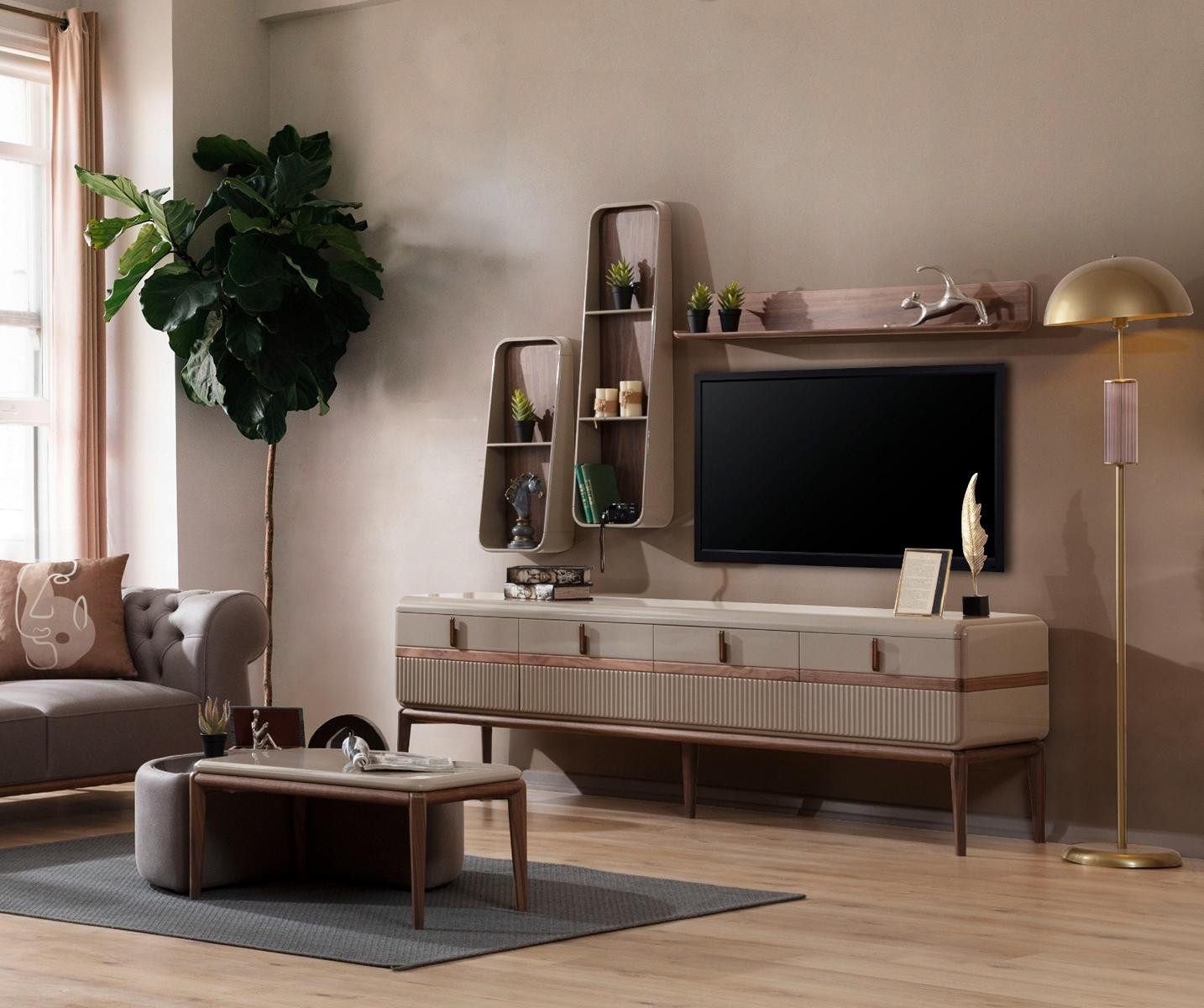 Wohnzimmer-Set Elegantes RTV-Lowboard aus Holz - Designer Möbel für das Wohnzimmer