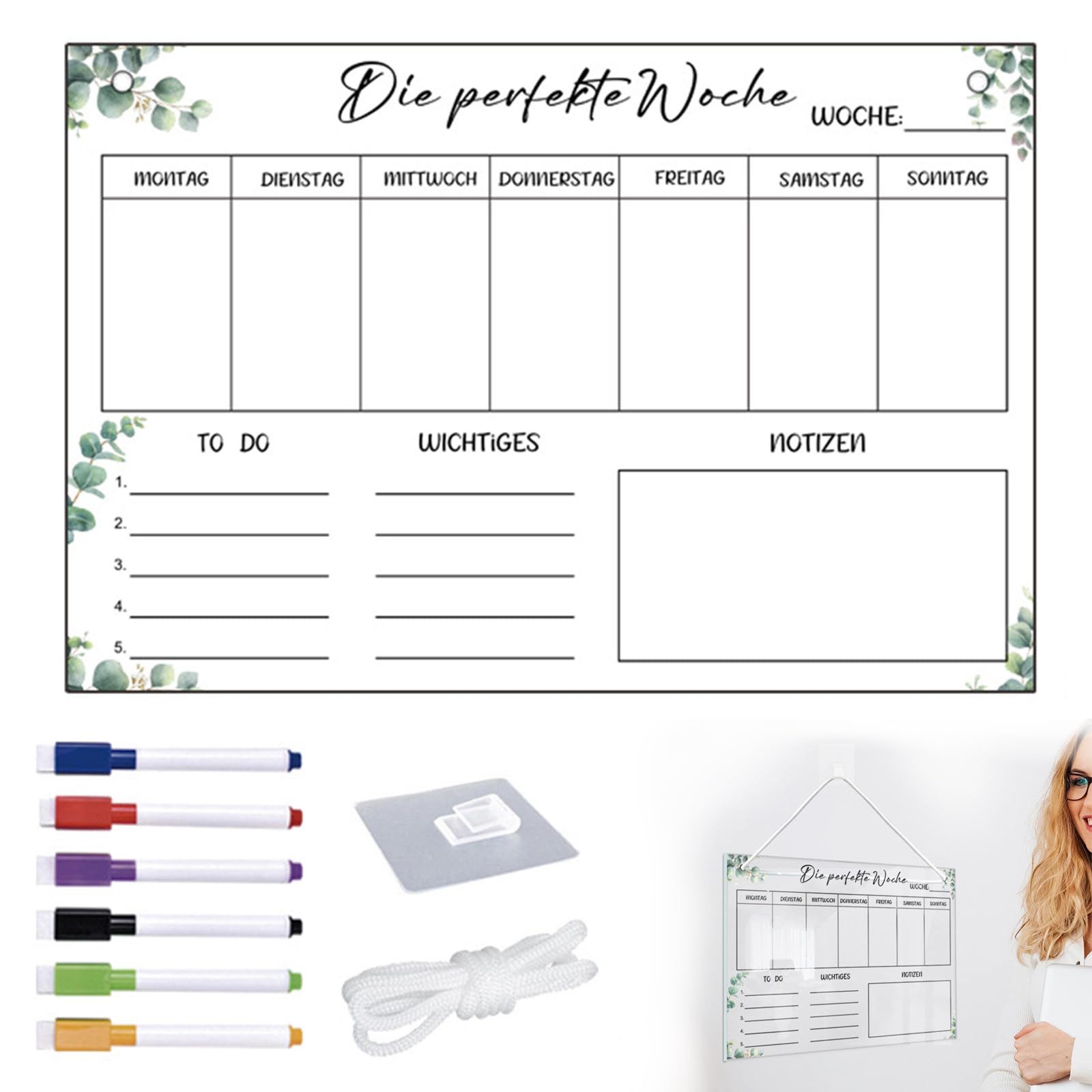 FOUORTUNATE-BEE Tischkalender Wochenplaner Abwischbar Wochenplaner aus Acrylglas, für Haushaltsplan 30 x 20CM Memoboard mit 6 Whiteboard-Stift