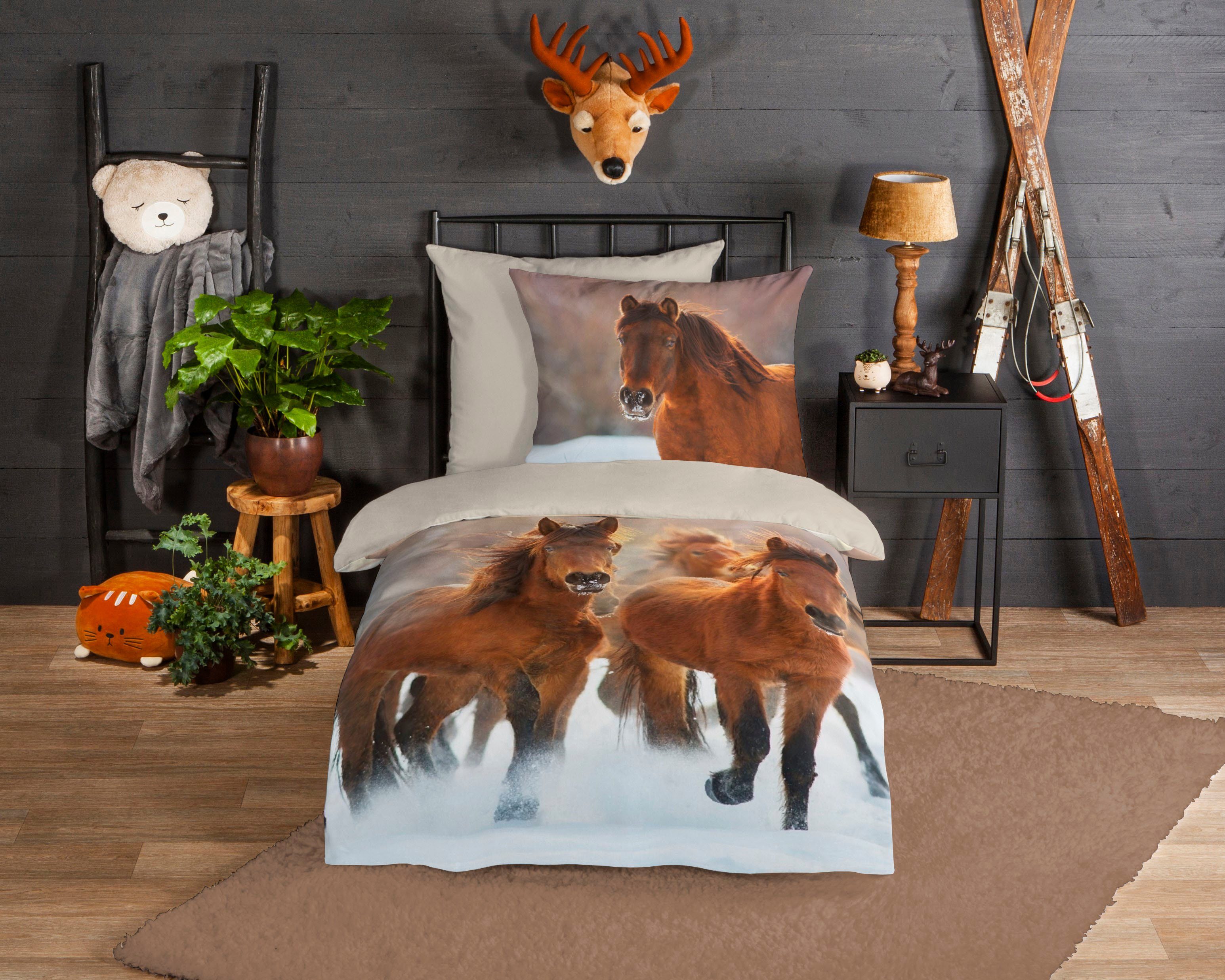 good morning Kinderbettwäsche Ponies, Biber, Flanell, 2 teilig, Biber, 135x200, Winter, Warm, Reißverschluss, Wendeoptik, Kind, Pferde